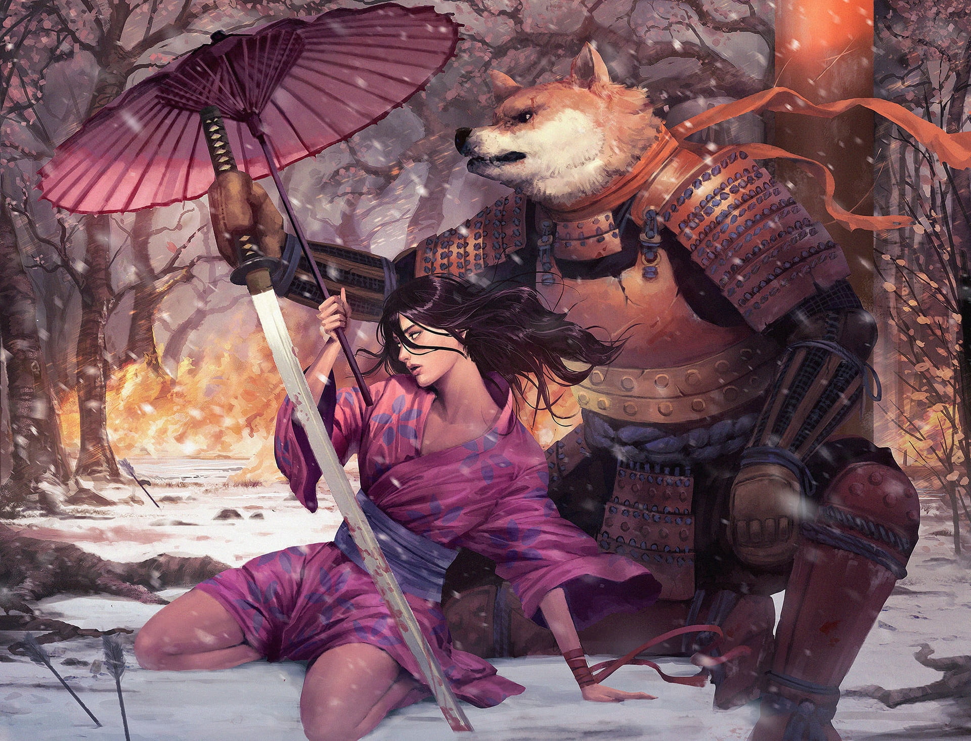 young adult, umbrella, day, winter, women, young women, lorenz basuki, water, dog, two people, representation, art, nature, armor, people, real people, HD Wallpaper