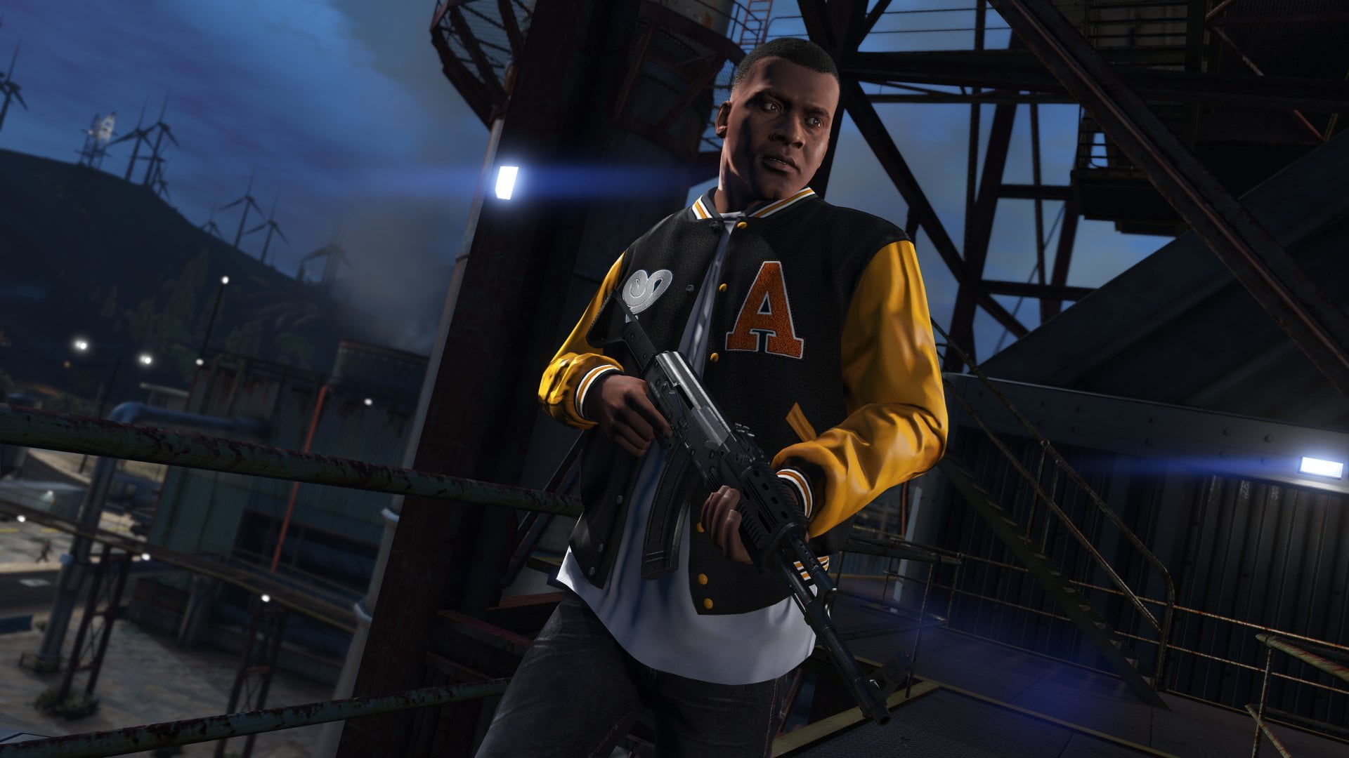 Grand Theft Auto, yellow, casual clothing, adult, architecture, black, occupation, sport, front view, illuminated, confidence, holding, Franklin Clinton, HD Wallpaper