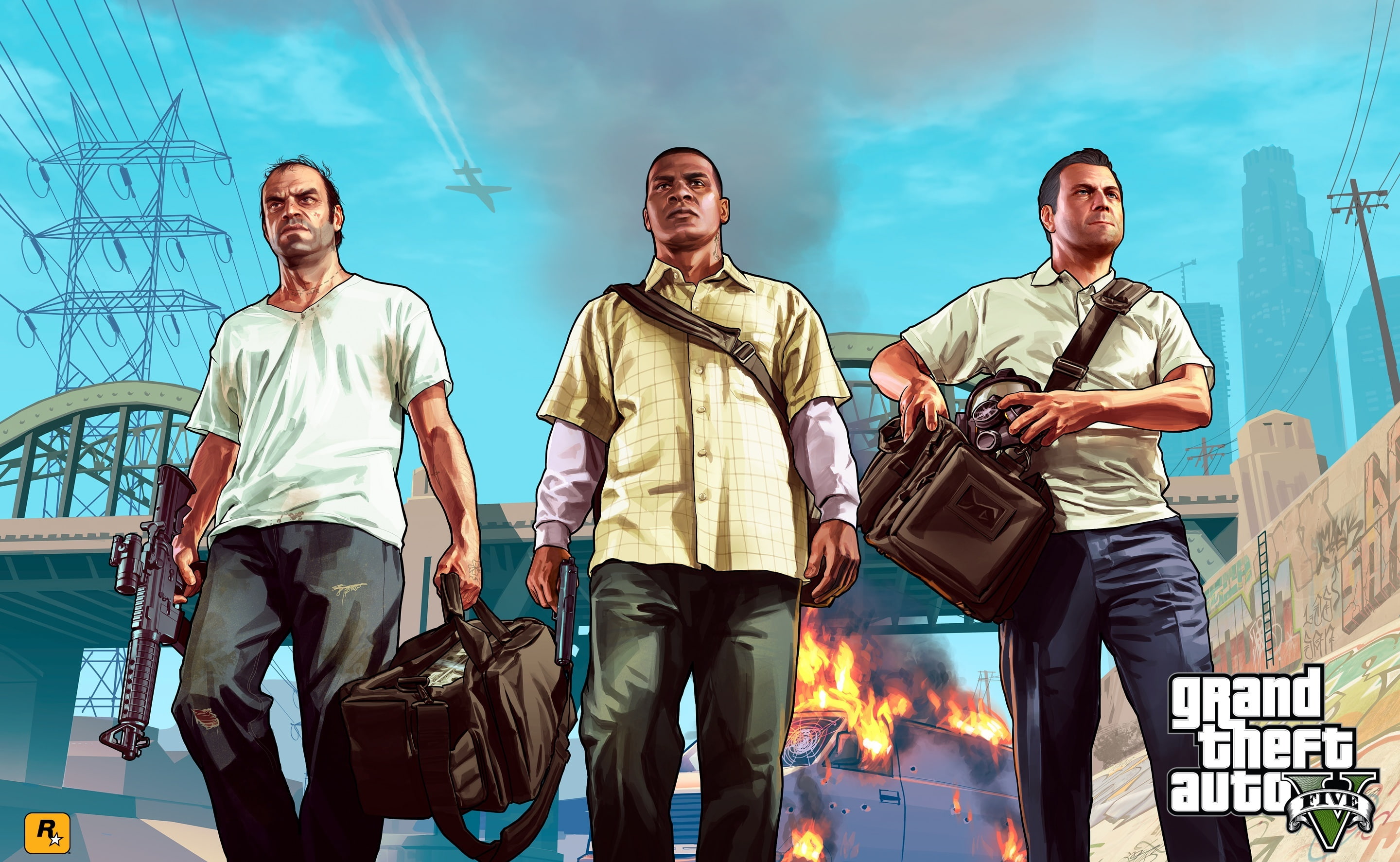 grand, 2013, theft, Grand Theft Auto, v, sky, front view, Games, walking, day, nature, casual clothing, gta v, amp, people, auto, trevor, real people, bag, HD Wallpaper