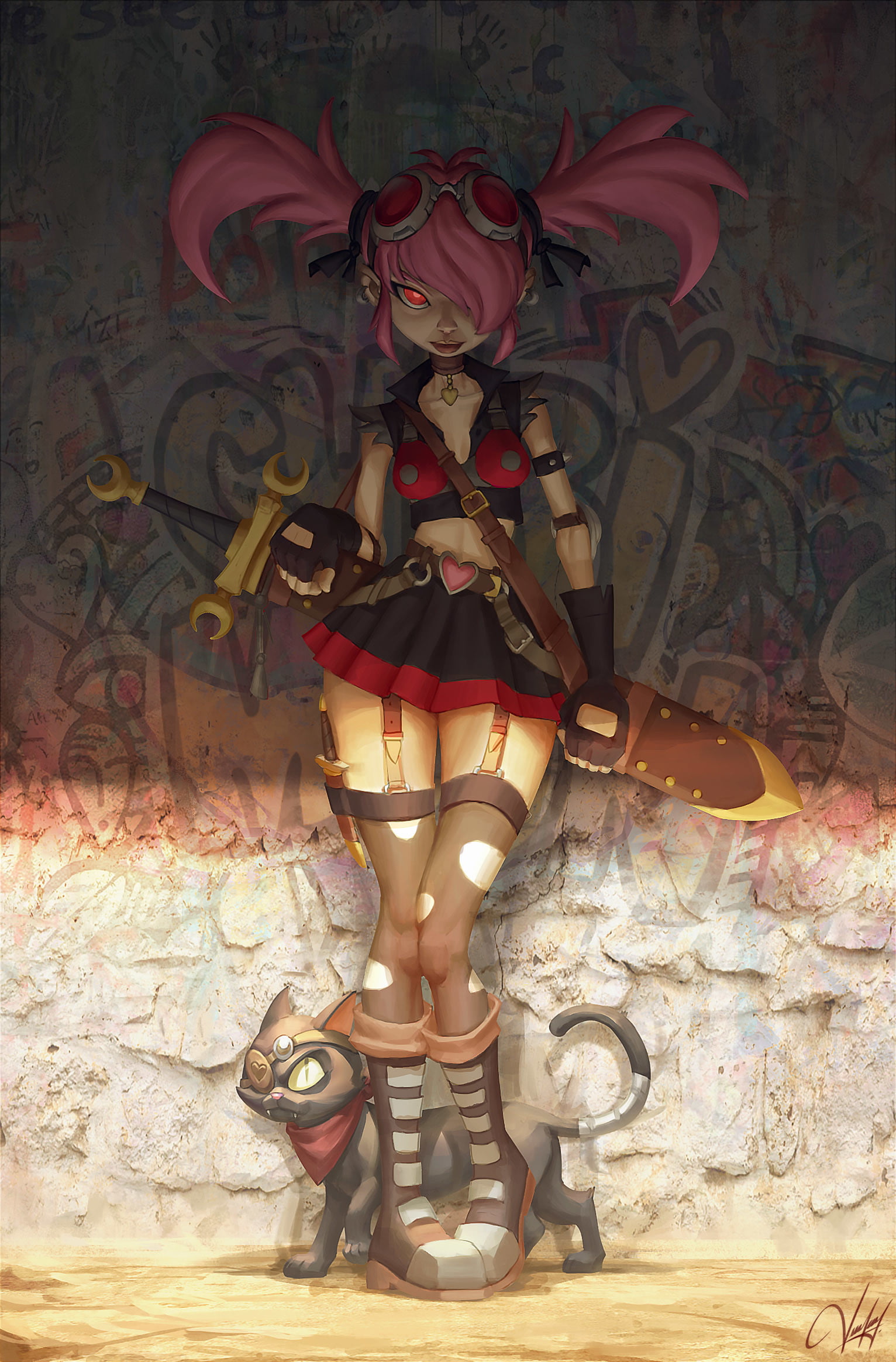 weapon, miniskirt, knees together, 1080P, anime, girls with swords, eyepatches, boots, glowing eyes, wall, animals, standing, redhead, Francisco Vasquez, Phone HD Wallpaper