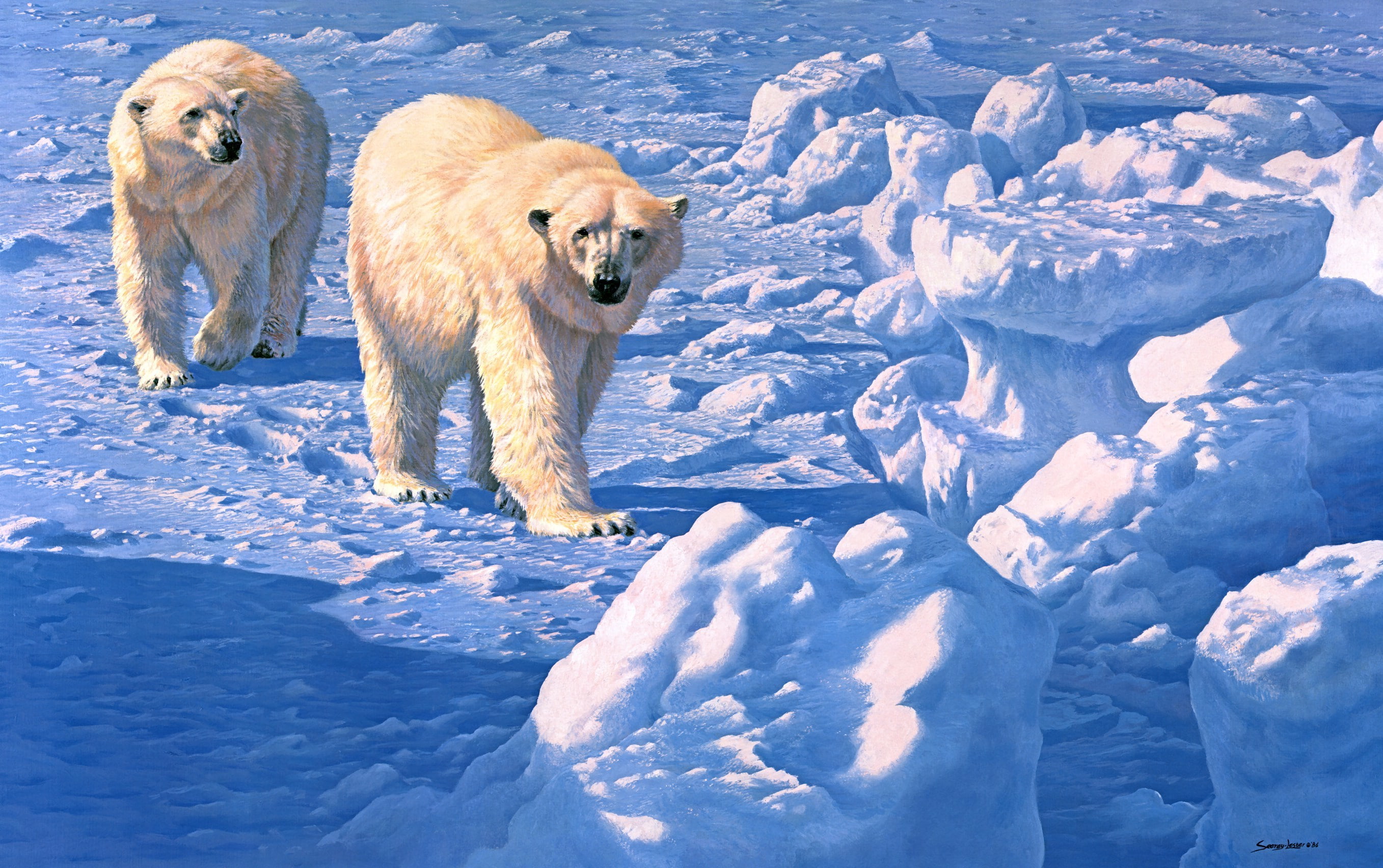 snow, polar, 2K, John Seerey-Lester, two, painting, bears, Along the Ice Floe, polar bear, winter, HD Wallpaper