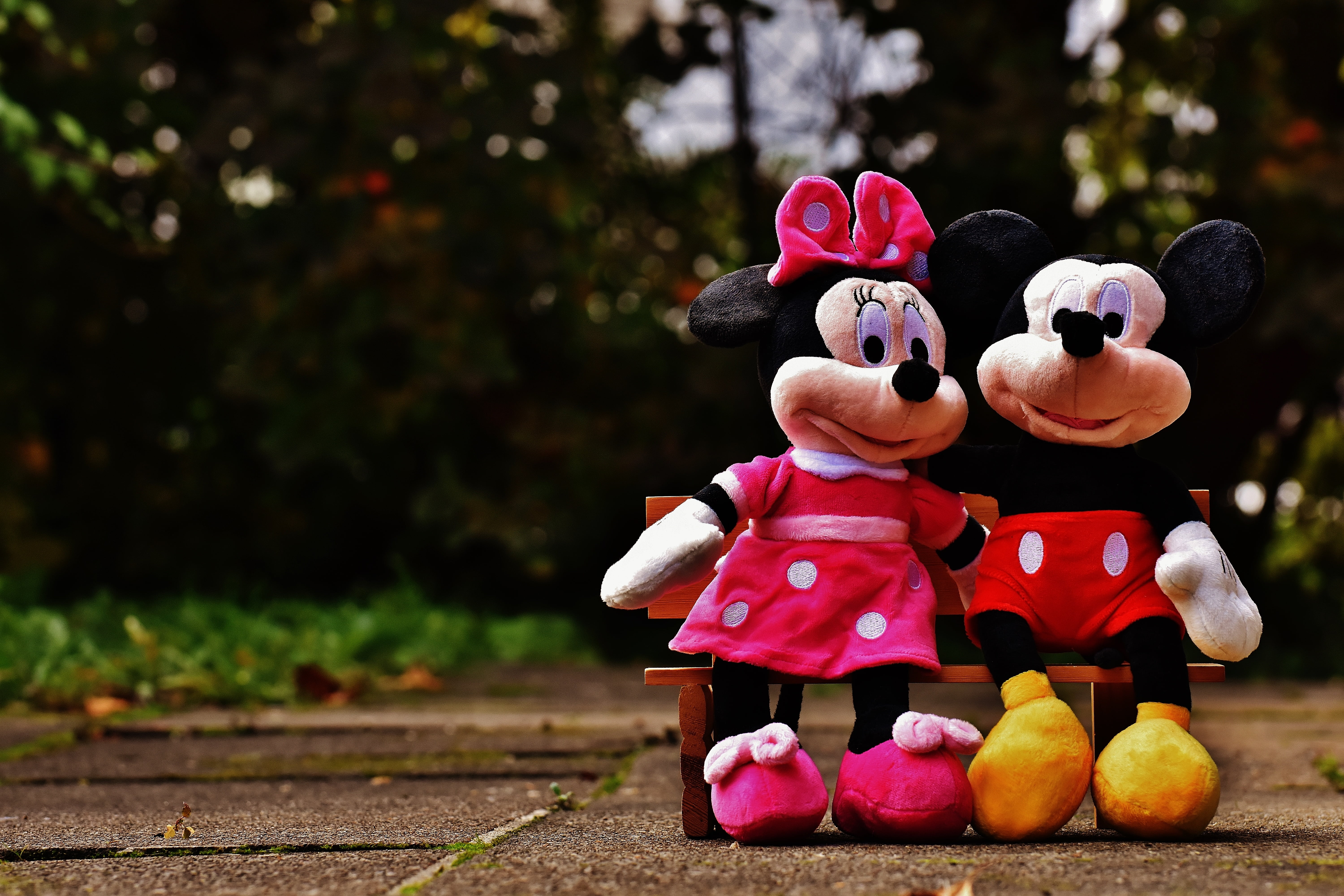 figures, food, plush, disney, toys, bench, cute, nature, sweet, multi colored, sit, close-up, mickey, human representation, stuffed animal, mouse, representation, HD Wallpaper