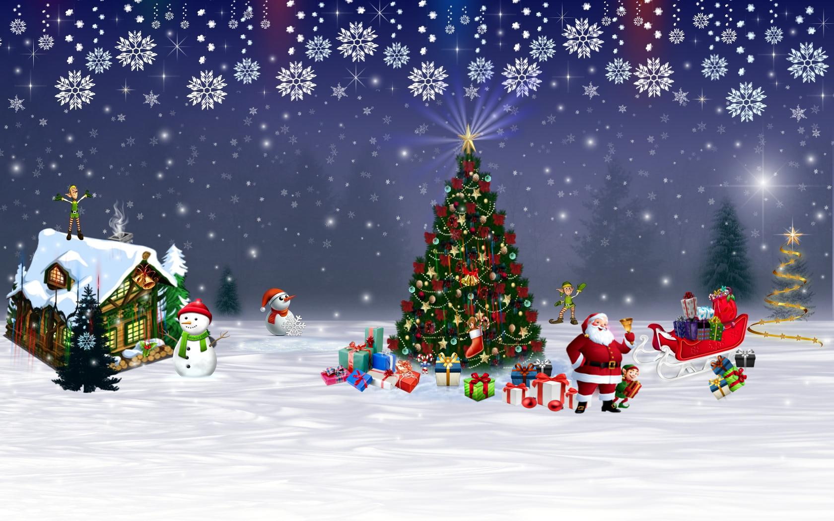 christmas, snowman, trees, snowflakes, elves, snow, gifts, santa, way, 720P, HD Wallpaper