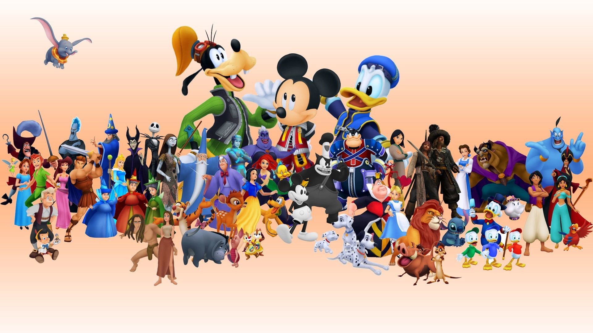 Disney, Donald Duck, large group of people, men, Goofy, adult, arms raised, 1080P, orange color, full length, young women, movies, young adult, child, HD Wallpaper