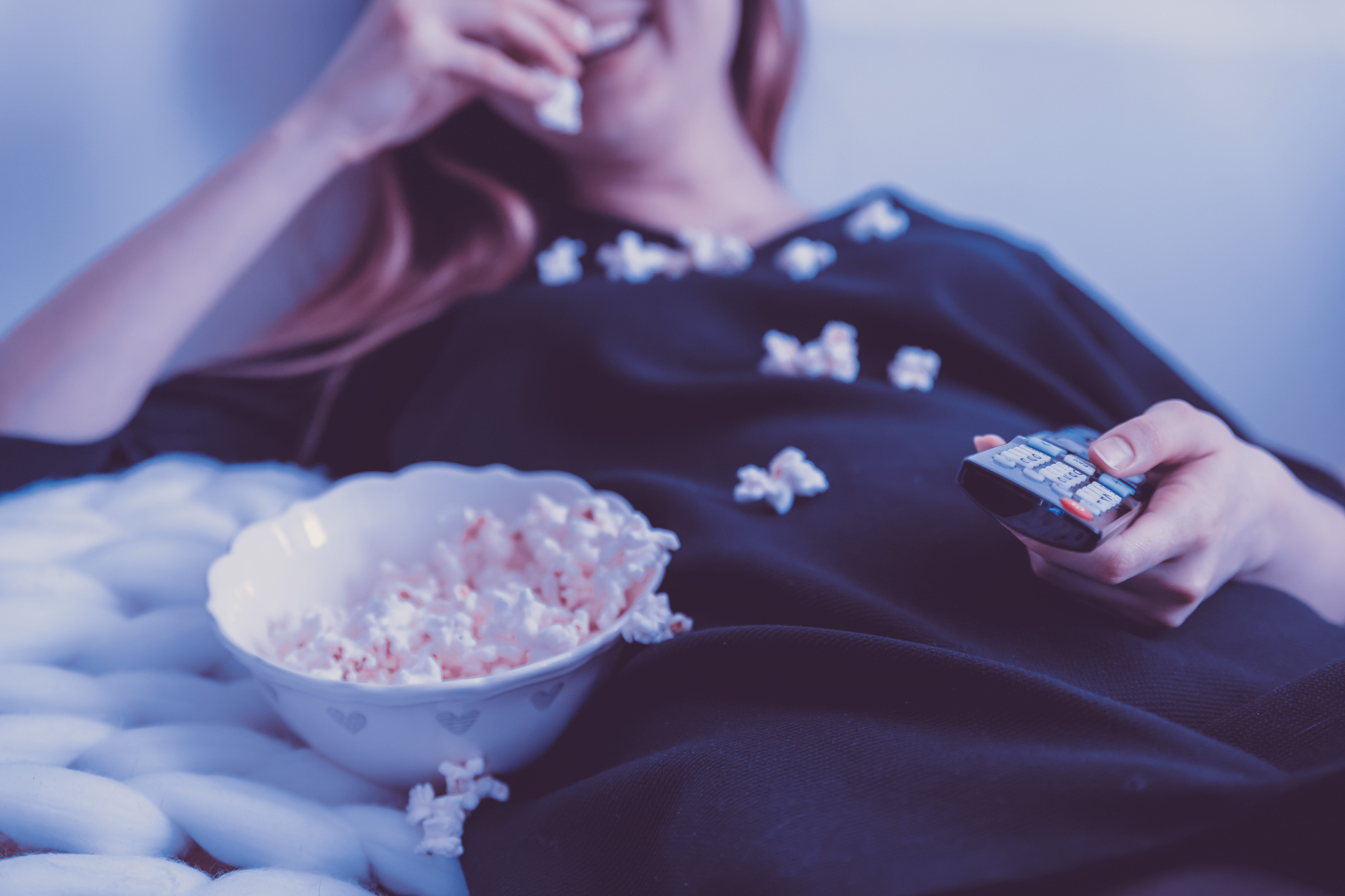 eats, night, adult, indoors, happy, dairy product, food, watching, woman, popcorn, food and drink, human hand, tv, bowl, hand, close-up, midsection, wireless technology, HD Wallpaper