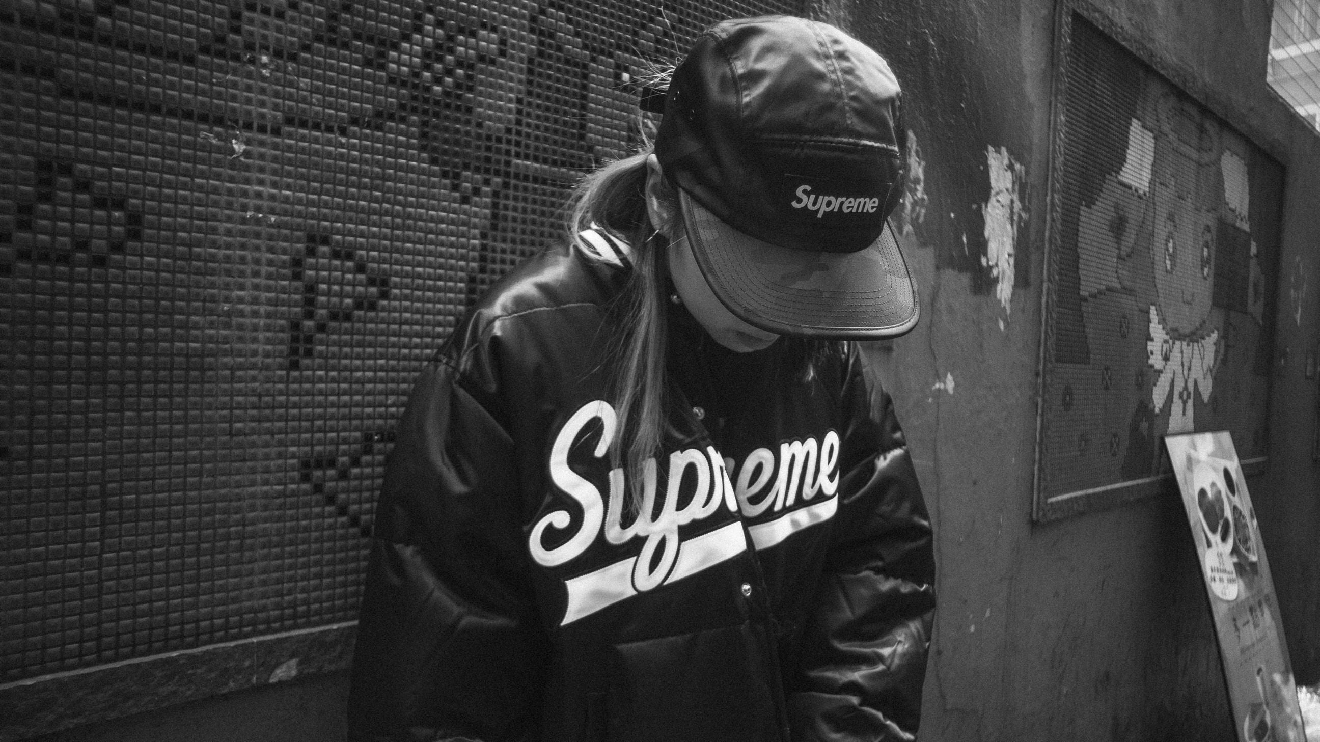 urban, hood - clothing, supreme, waist up, clothing, esthetic label, portrait, text, bnw, hk, popcorn general store, males, obscured face, leisure activity, HD Wallpaper