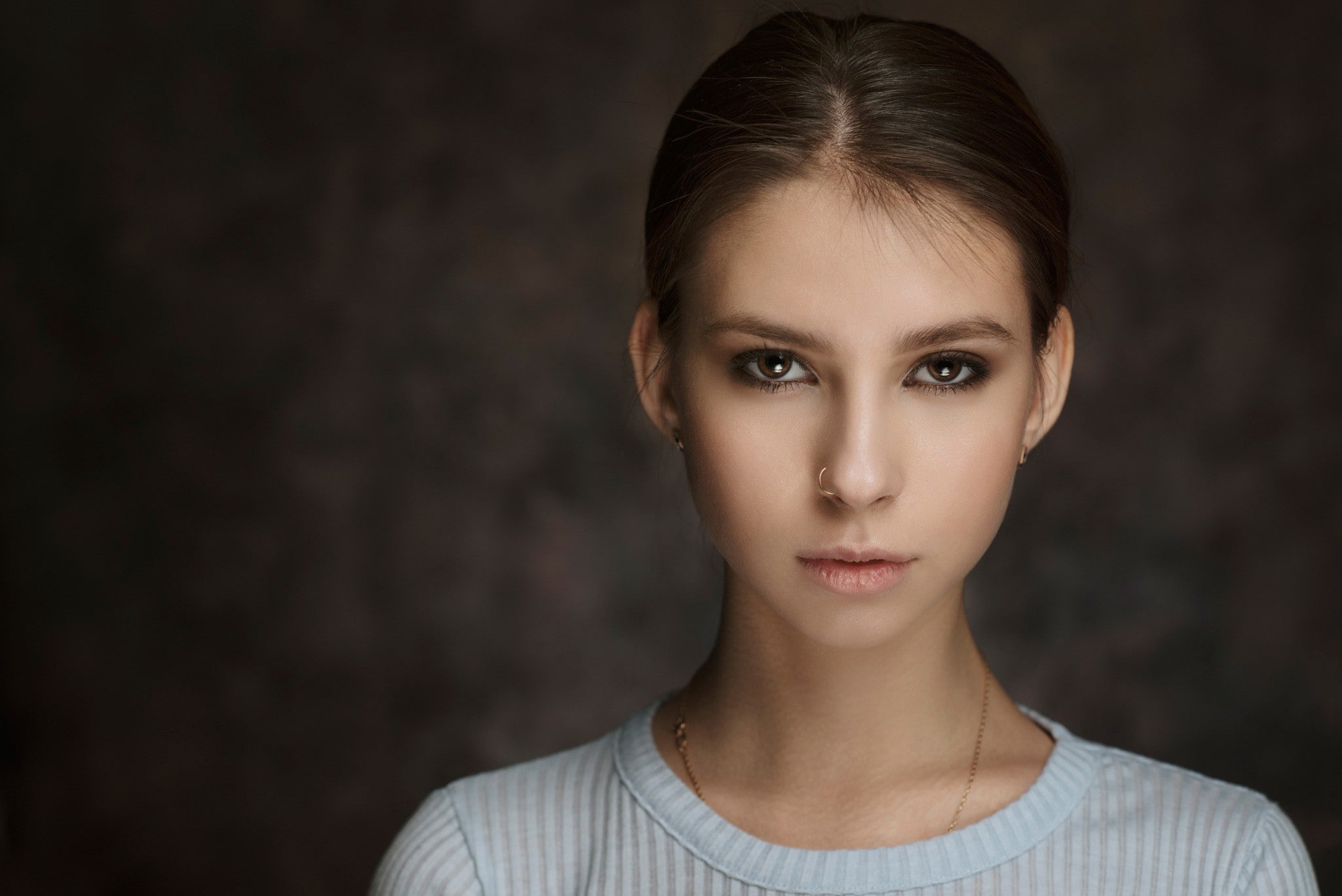 one person, body part, serious, model, hair, brown hair, beautiful woman, 1080P, looking at camera, indoors, close-up, women, beautiful people, nose rings, HD Wallpaper