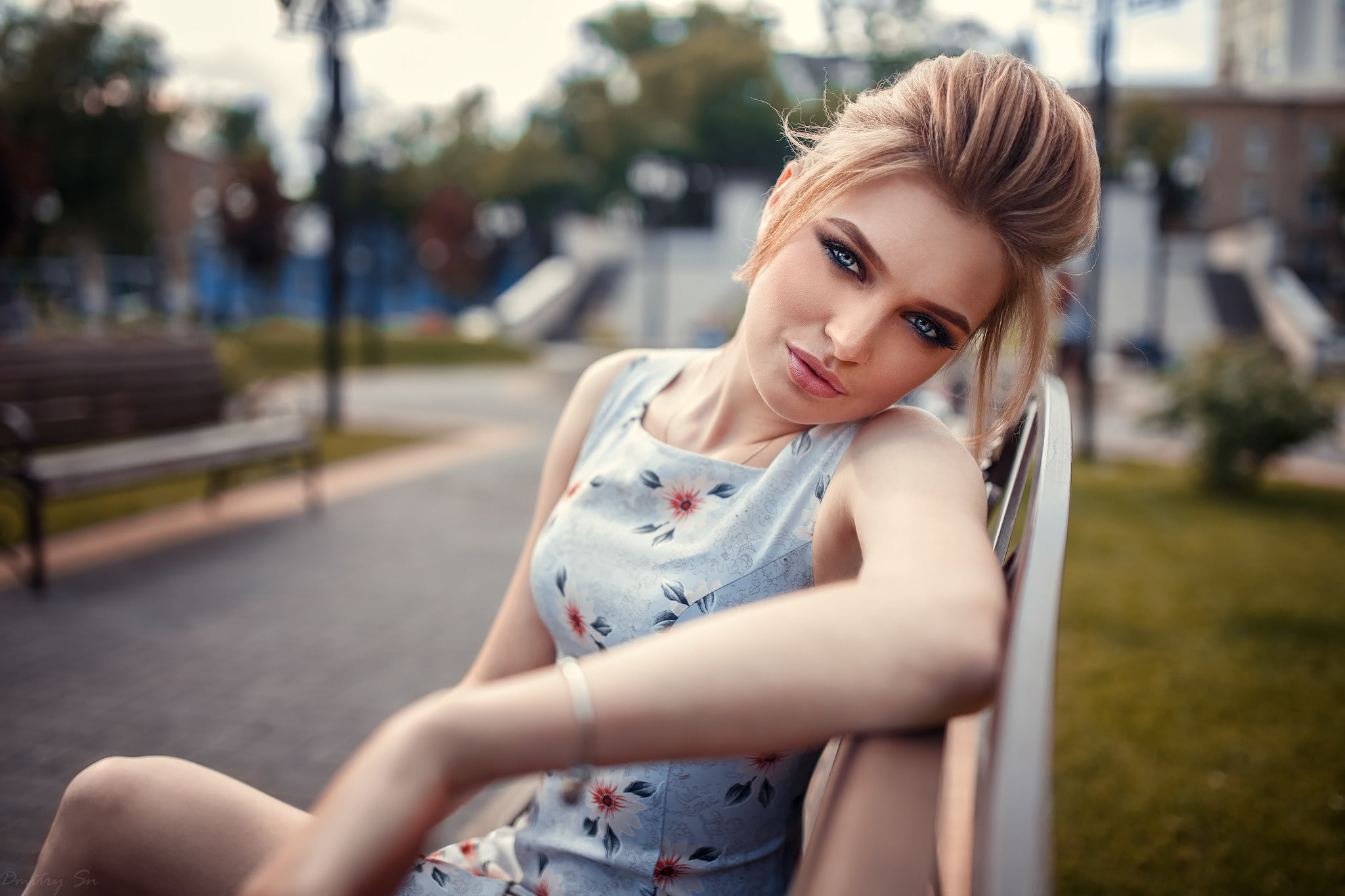 portrait, sitting, dress, Dmitry Shulgin, blonde, bench, women, women outdoors, 1080P, Elena, HD Wallpaper