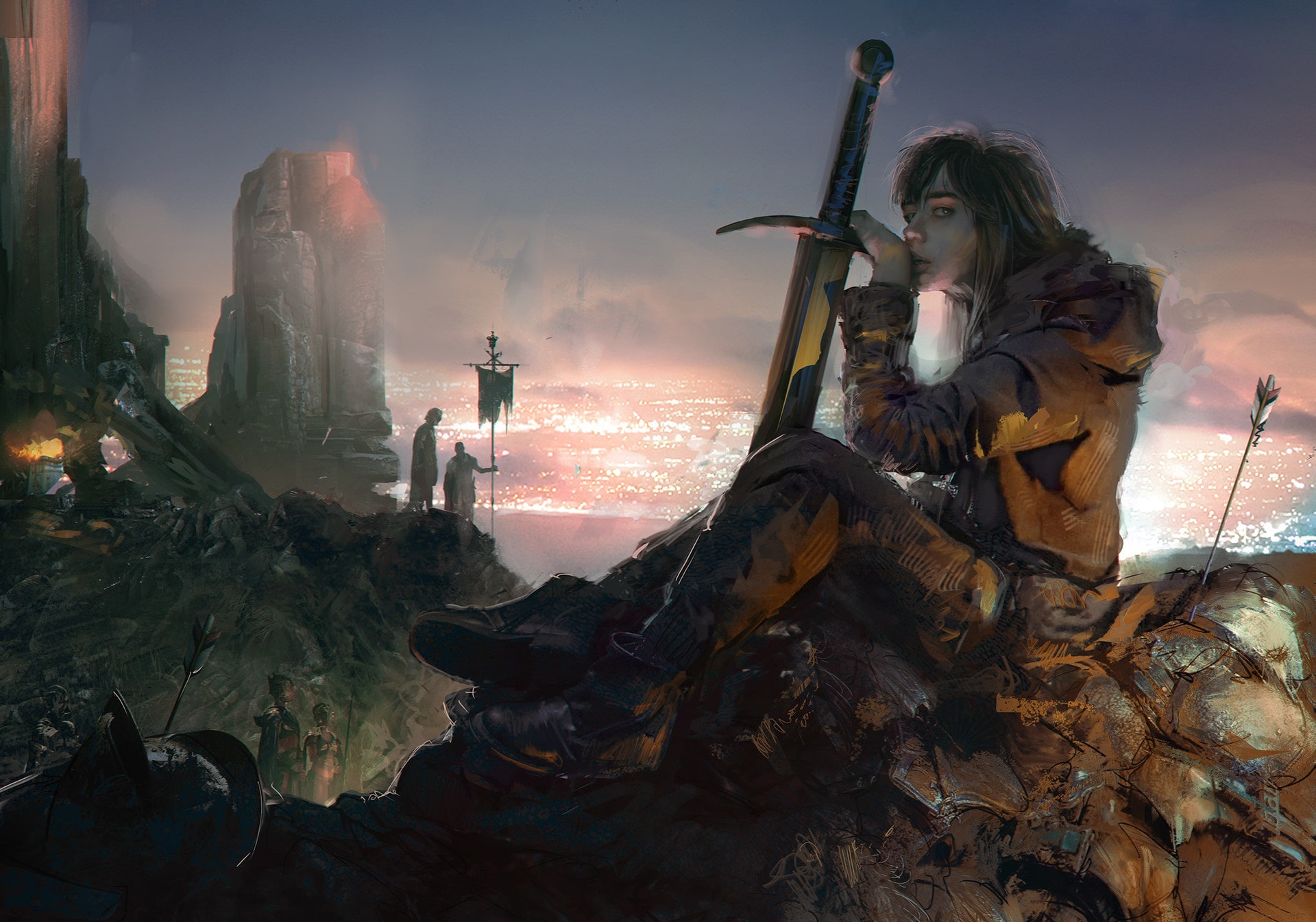 fantasy art, soldier, warrior, 1080P, arrows, digital art, sword, Klaus Wittmann, fantasy girl, mountains, women, HD Wallpaper