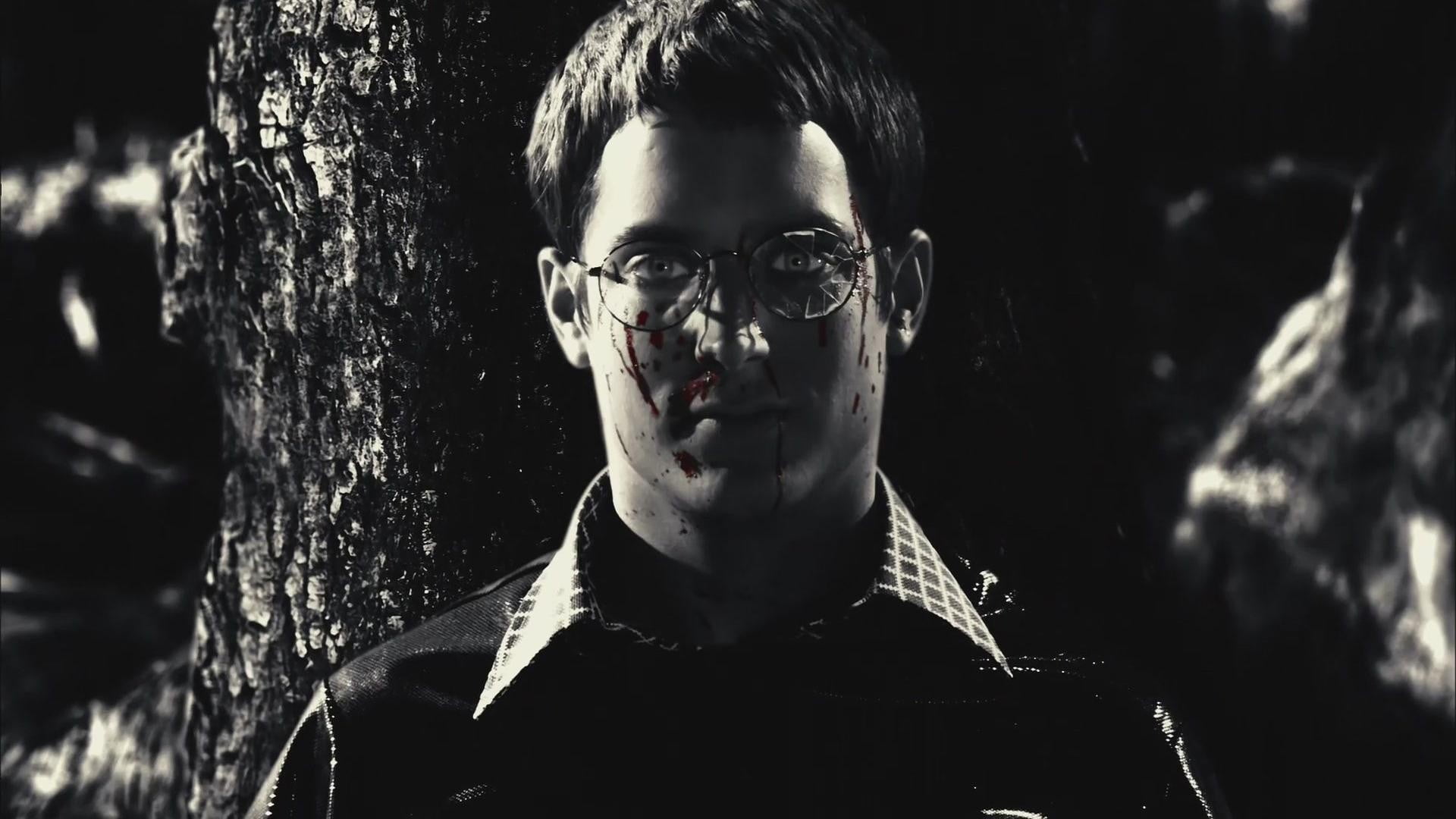 human face, movies, front view, frames, young men, close-up, young adult, focus on foreground, outdoors, Sin City, men, real people, glasses, tree trunk, HD Wallpaper