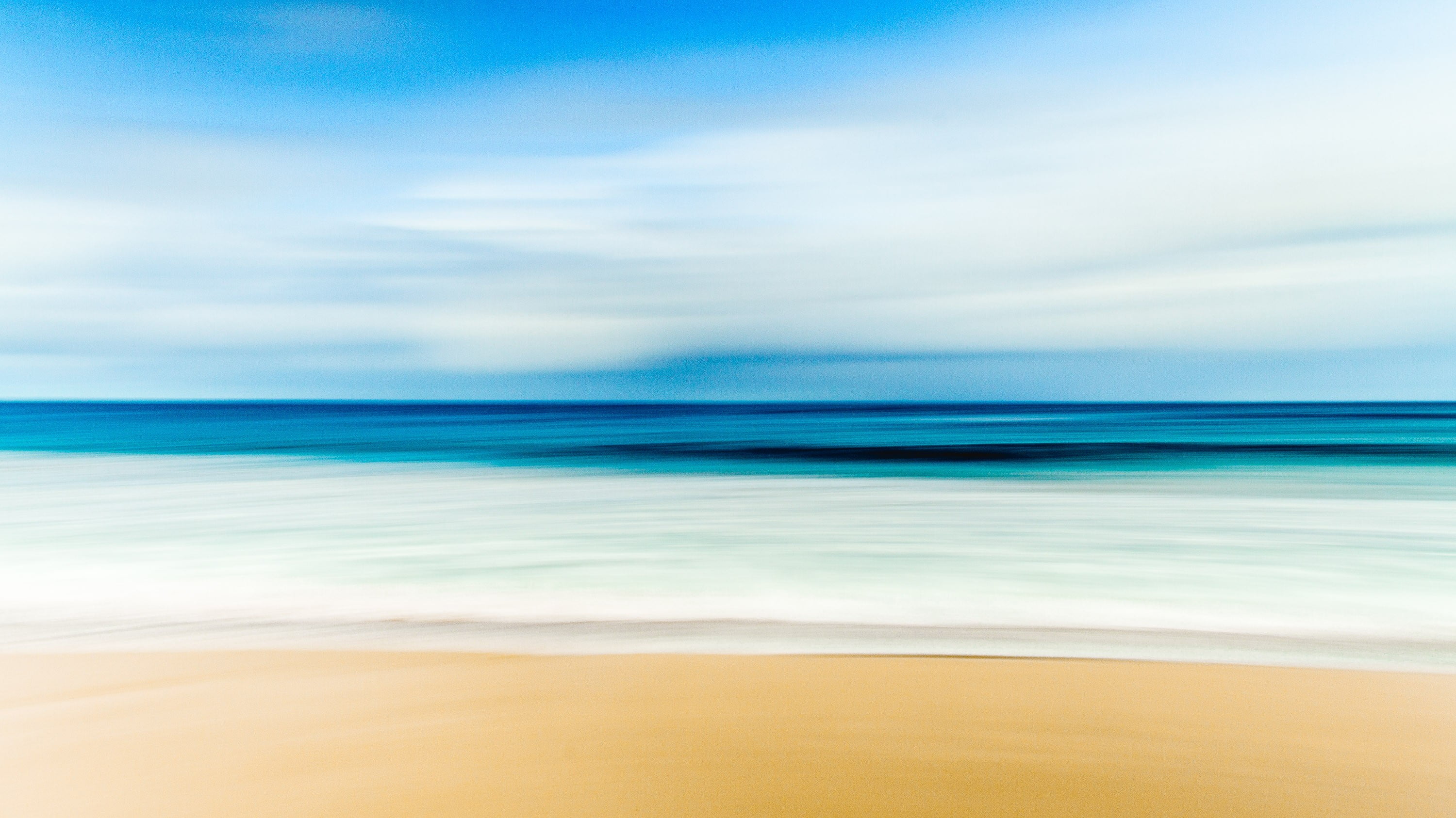 sky, sand, cyan, tranquility, blue, beauty in nature, seashore, outdoors, motion, beach, holiday, horizon over water, wave, land, 2K, long exposure, seascape, HD Wallpaper