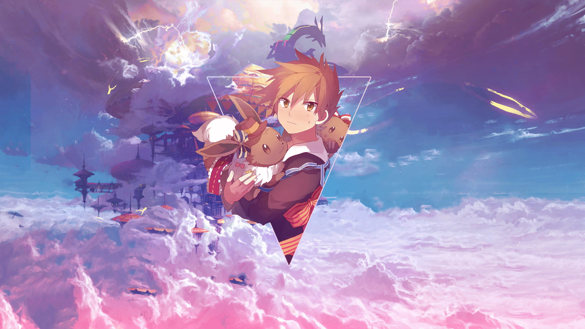 video games, Photoshop, anime boys, digital art, Pokémon, Eeveelutions, anime, Gary Oak, 1080P, picture-in-picture, Eevee, video game art, HD Wallpaper