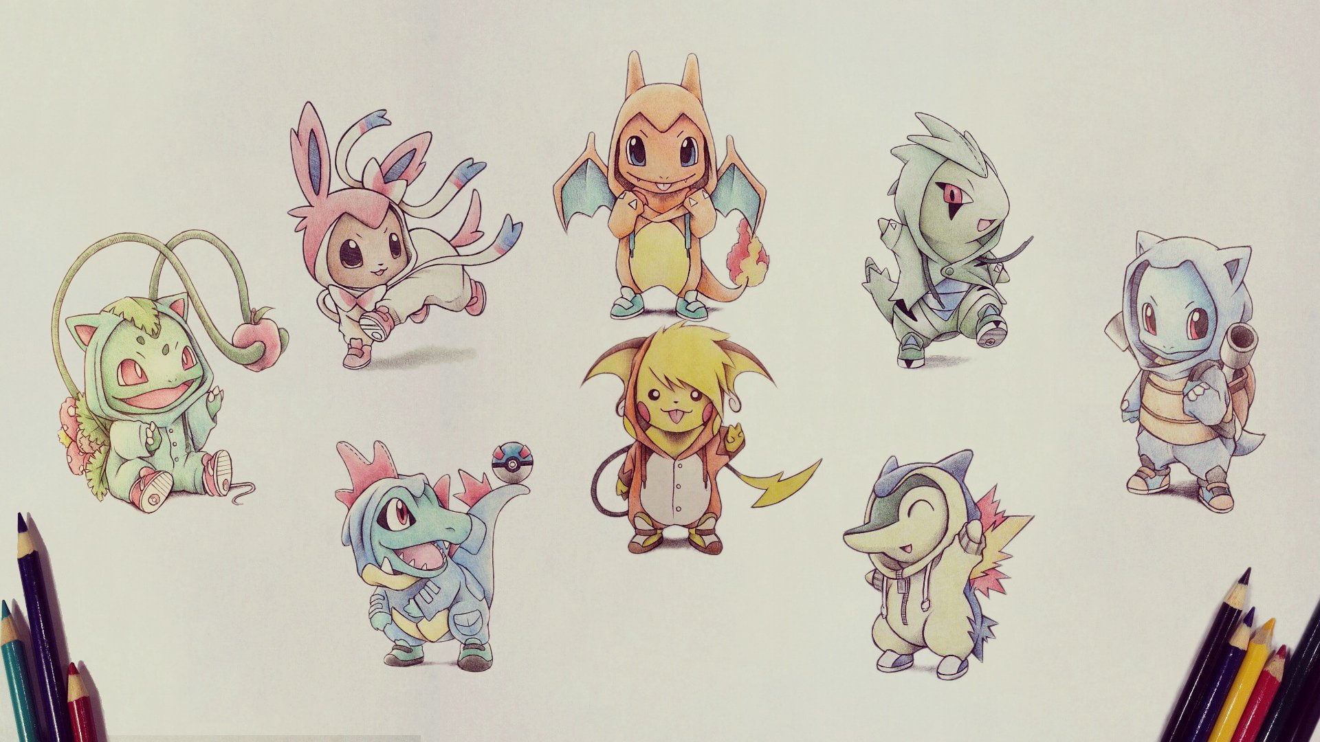 Bulbasaur (Pokémon), Charmander (Pokémon), Pokémon, Eevee (Pokémon), Squirtle (Pokémon), Larvitar (Pokémon), Pikachu, Totodile (Pokémon), Cyndaquil (Pokémon), HD Wallpaper