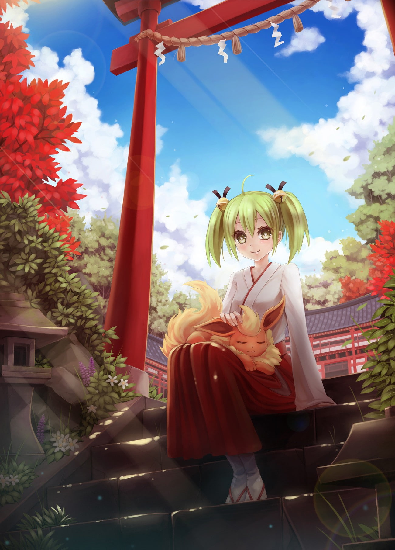 anime, Japanese clothes, anime girls, Tamaki, green hair, Flareon, green eyes, Pokémon, 720P, short hair, Phone HD Wallpaper