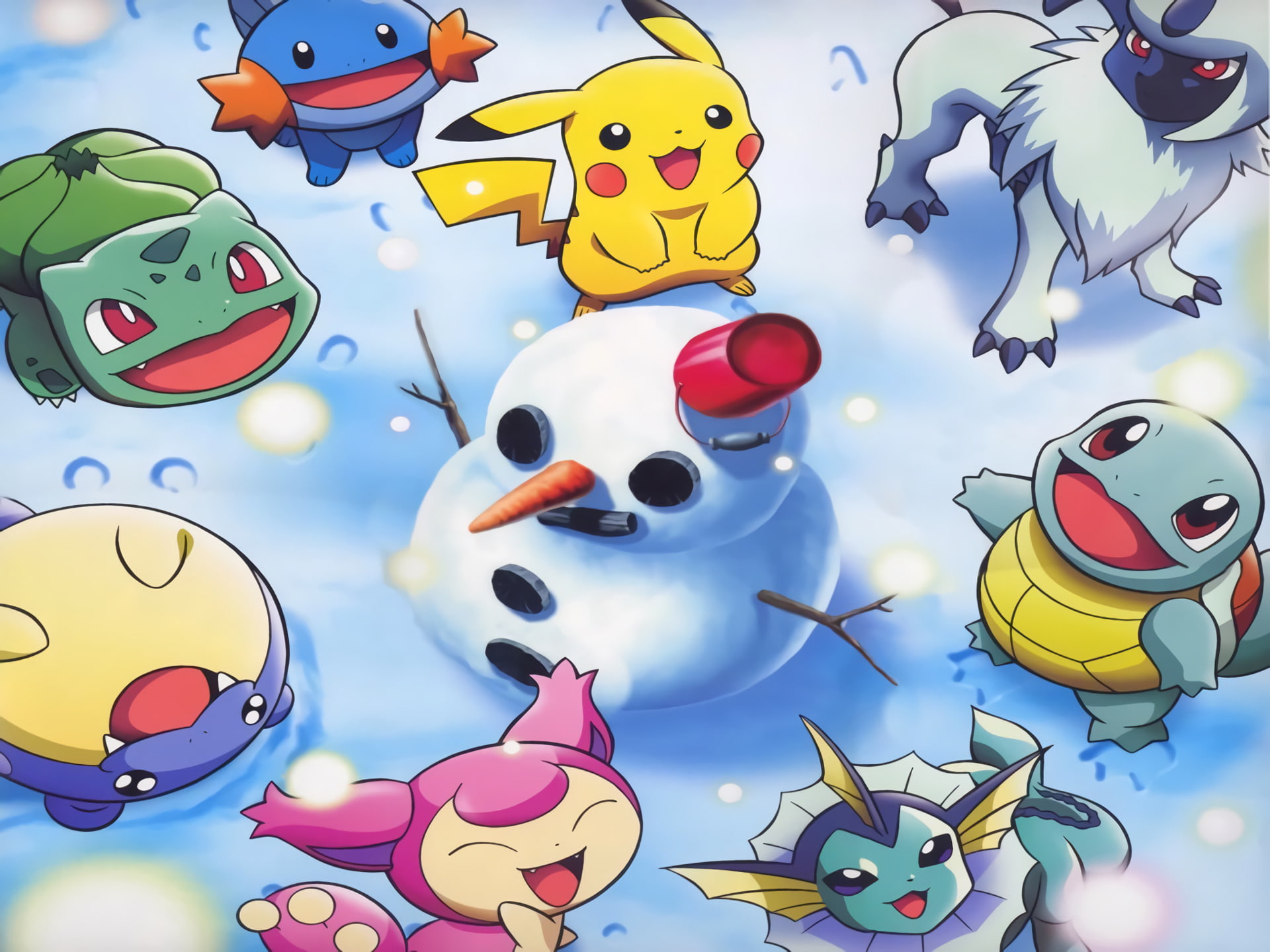 Spheal (Pokémon), Pikachu, multi colored, 1080P, yellow, indoors, mammal, high angle view, Vaporeon (Pokémon), toy, Bulbasaur (Pokémon), no people, still life, HD Wallpaper