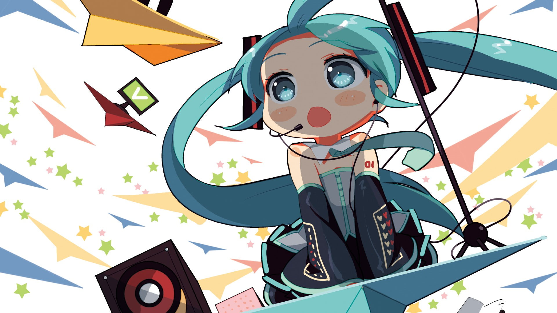 outdoors, creativity, headsets, day, aqua eyes, skirt, Hatsune Miku, low angle view, sunlight, art and craft, aqua hair, anime girls, twintails, no people, HD Wallpaper