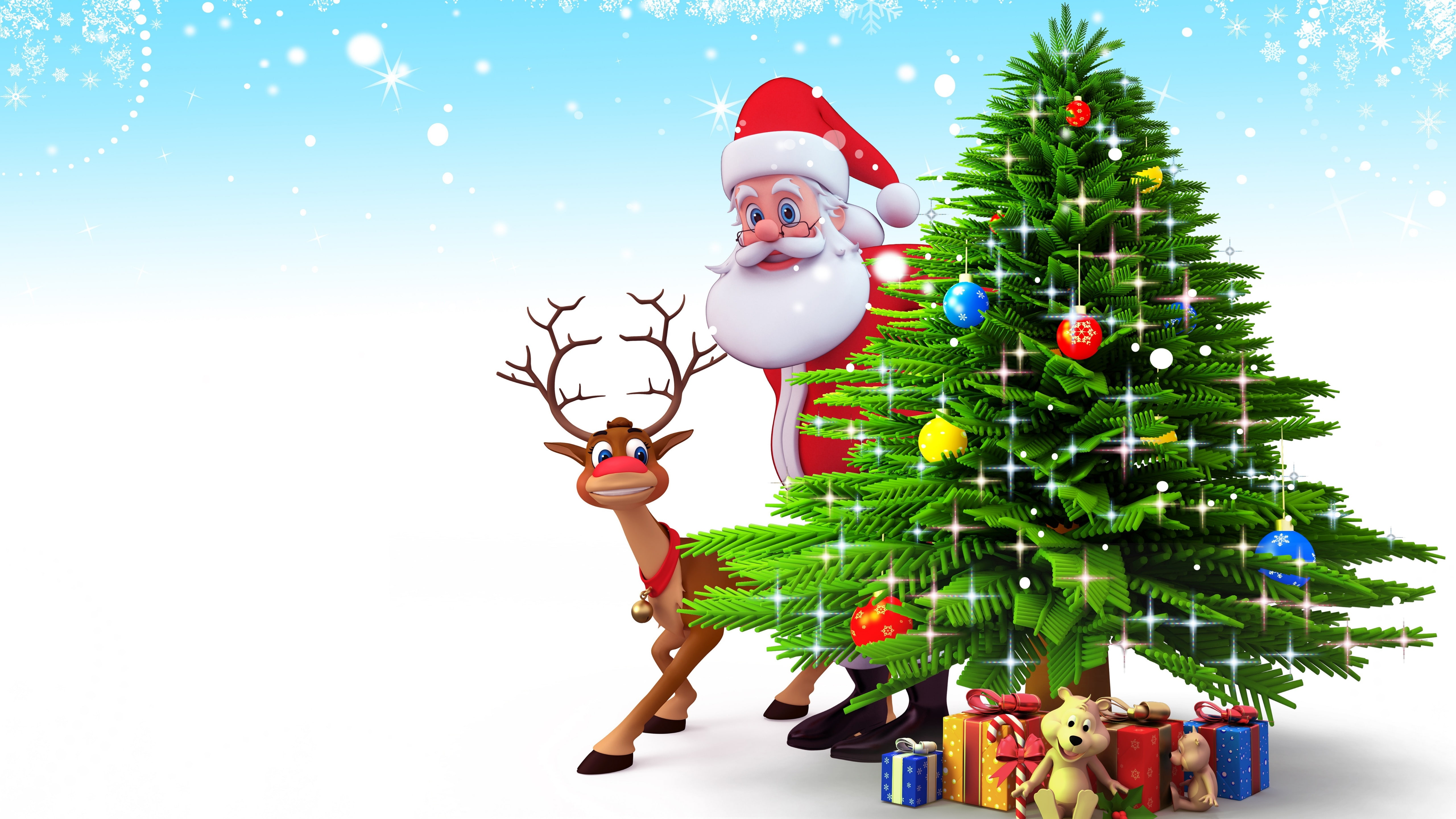 deer, xmas, christmas, santa claus, reindeer, holiday, christmas tree, 5K, illustration, HD Wallpaper