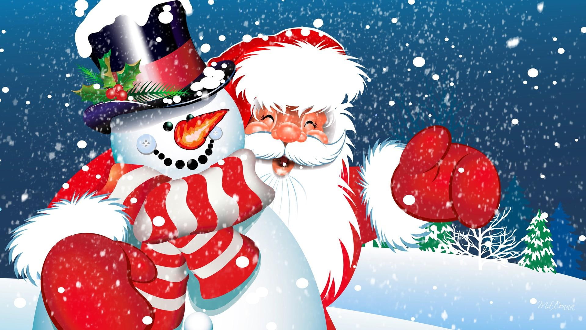 st nick, saint nicholas, poster, feliz navidad, santa claus, snowman, trees, snowing, frosty, happy, 1080P, christmas, snow, santa, HD Wallpaper