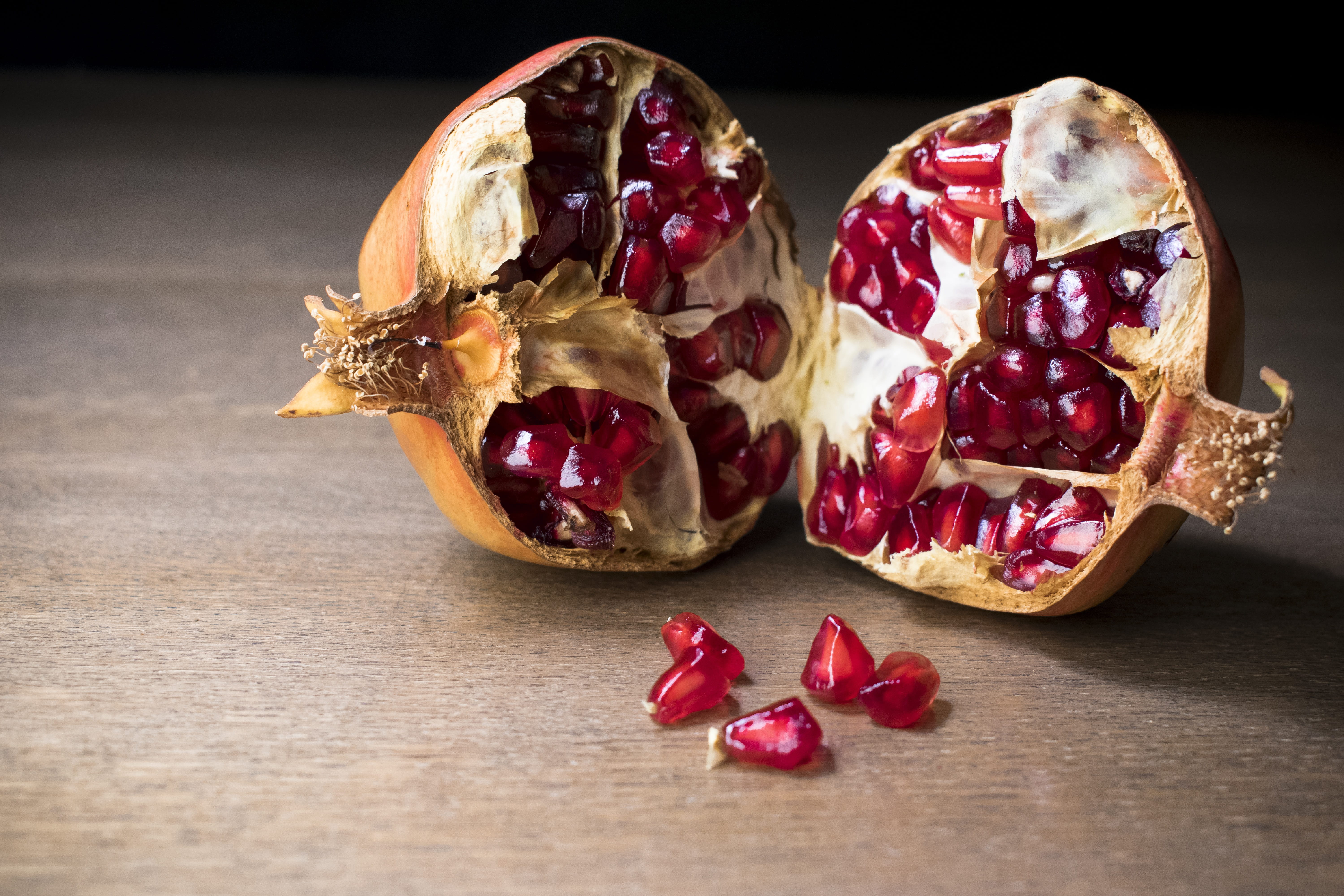 brown, no people, indoors, autumn, table, red fruit, vitamins, freshness, wooden, food and drink, pomegranate, granada, red, wood - material, still life, HD Wallpaper