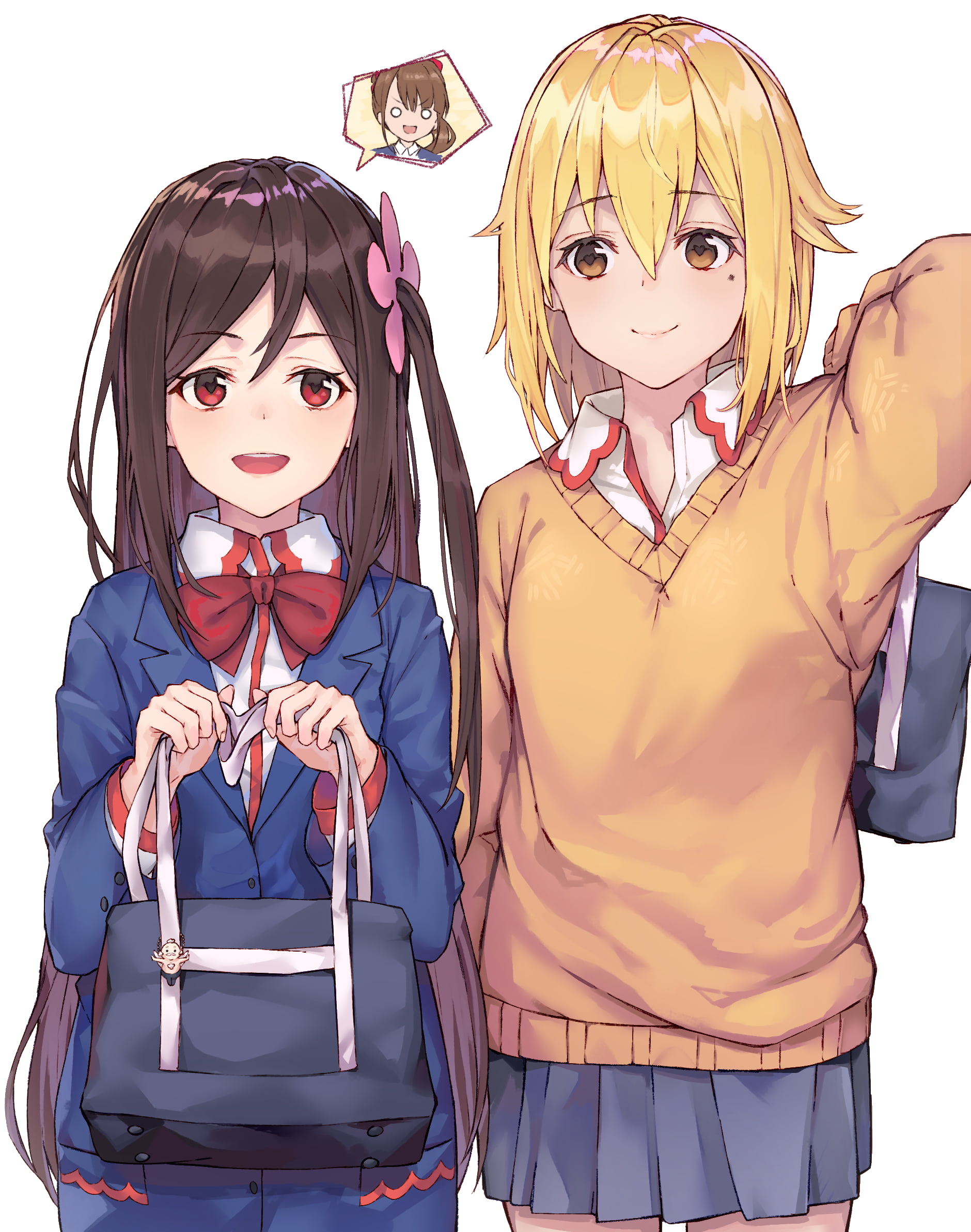 Hitori Bocchi, school uniform, anime girls, Hitoribocchi no ○○ Seikatsu, Nako Sunao, simple background, yellow eyes, smiling, blond hair, brunette, 1080P, Phone HD Wallpaper
