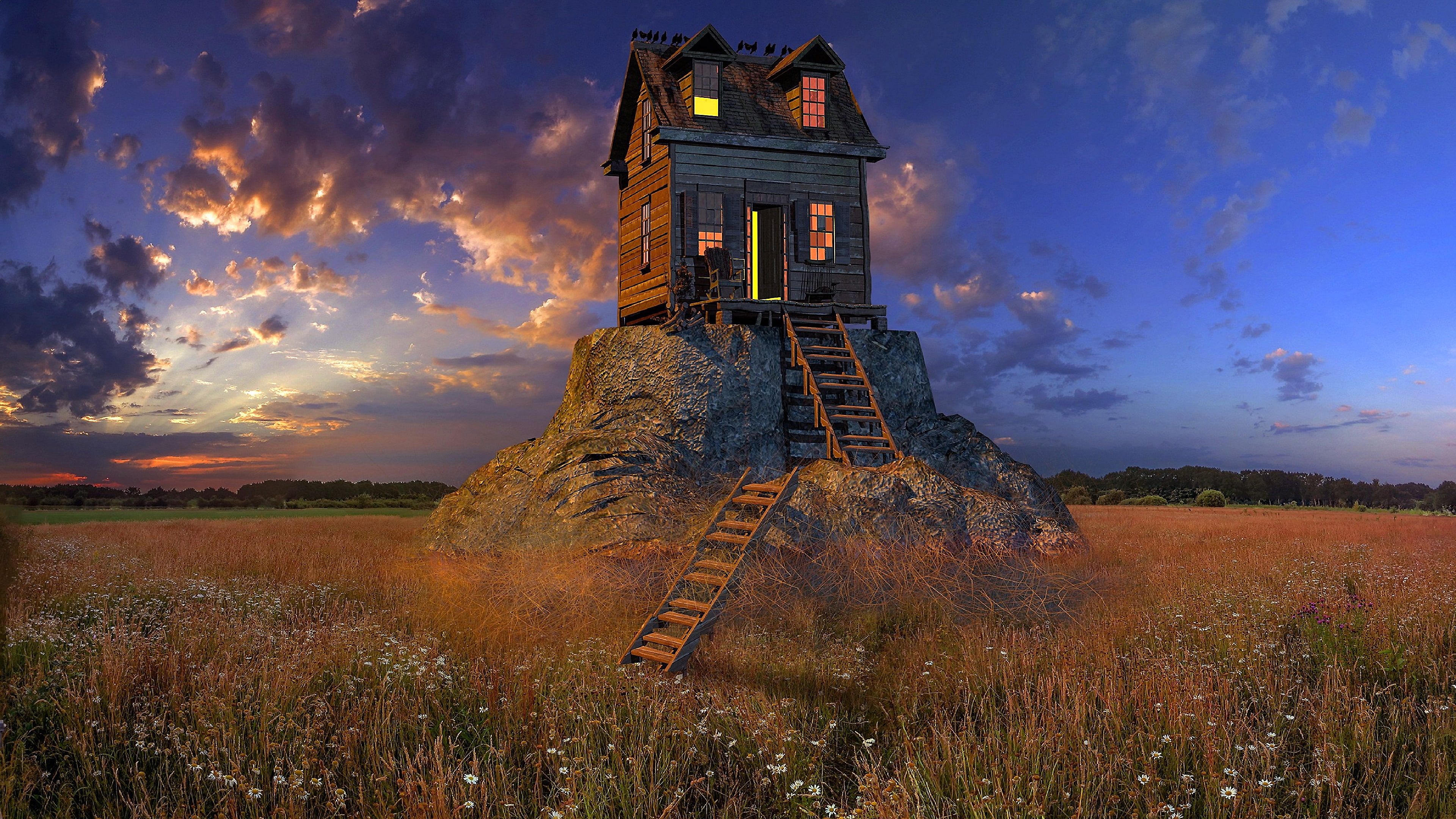 4K, house, cottage, log cabin, landscape, field, cabin, HD Wallpaper