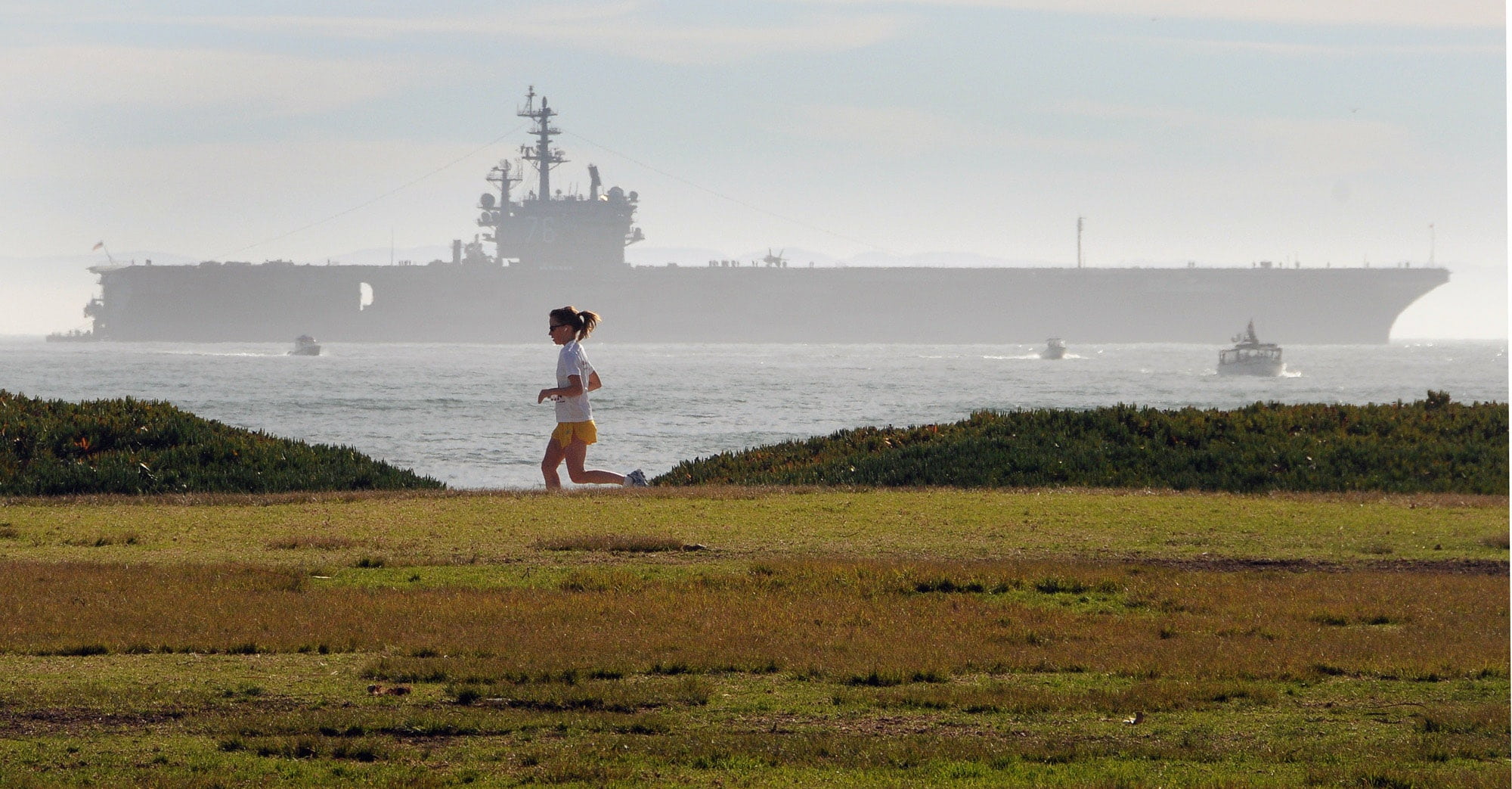 outdoor, exercise, water, woman, run, aircraft carrier, full length, fitness, blue, jog, running, cloud - sky, healthy, nature, tower, standing, 1080P, HD Wallpaper