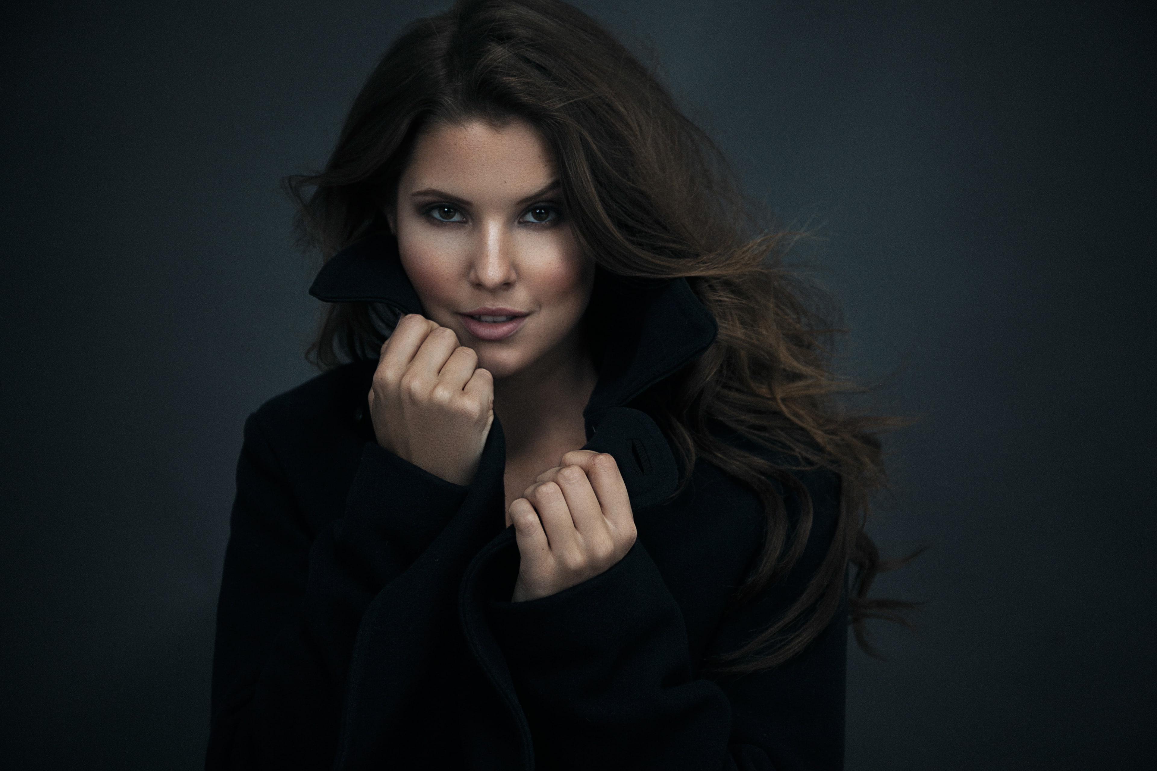 portrait, beautiful woman, black background, human hair, young adult, beautiful people, dark, hand, beauty, long hair, 4K, front view, one person, hair, HD Wallpaper