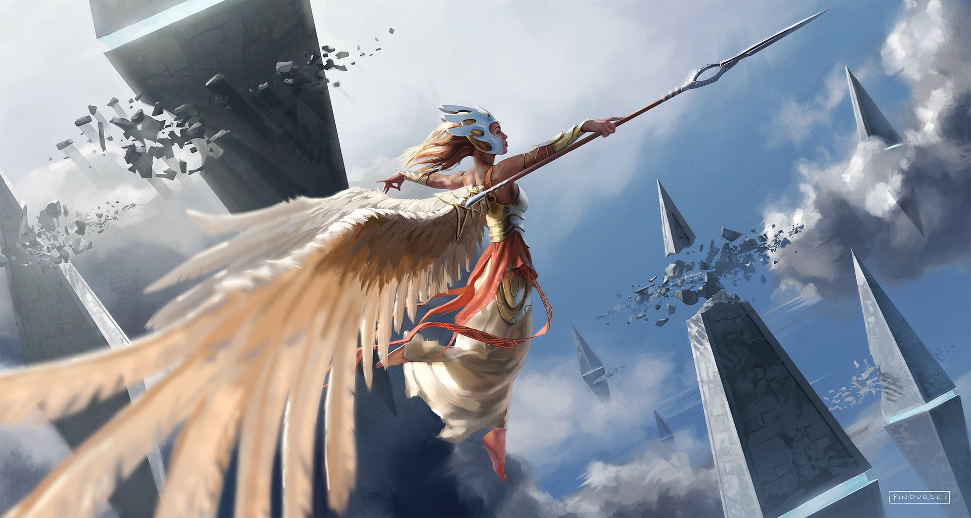 leisure activity, outdoors, headwear, day, men, real people, female, flying, nature, character, spear, sky, art and craft, adult, clothing, wings, 1080P, HD Wallpaper