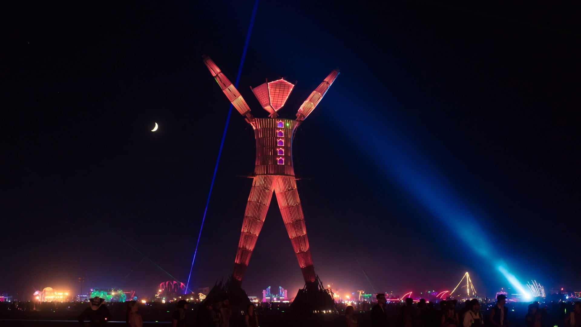 no people, arts culture and entertainment, Burning Man, moon, night, building exterior, city, low angle view, clear sky, illuminated, tower, nature, tourism, HD Wallpaper