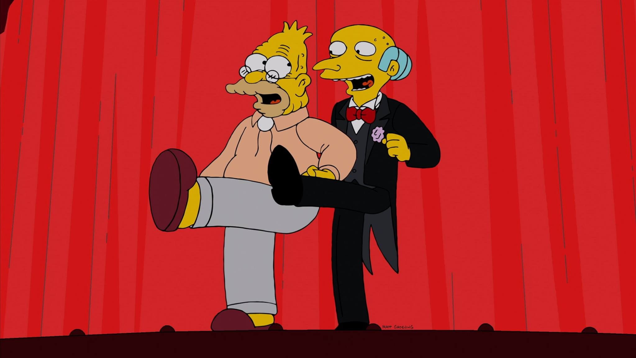 Montgomery Burns, smiling, sport, holding, enjoyment, stage, colored background, humor, front view, women, people, red, cartoon, adult, 1080P, fun, communication, HD Wallpaper