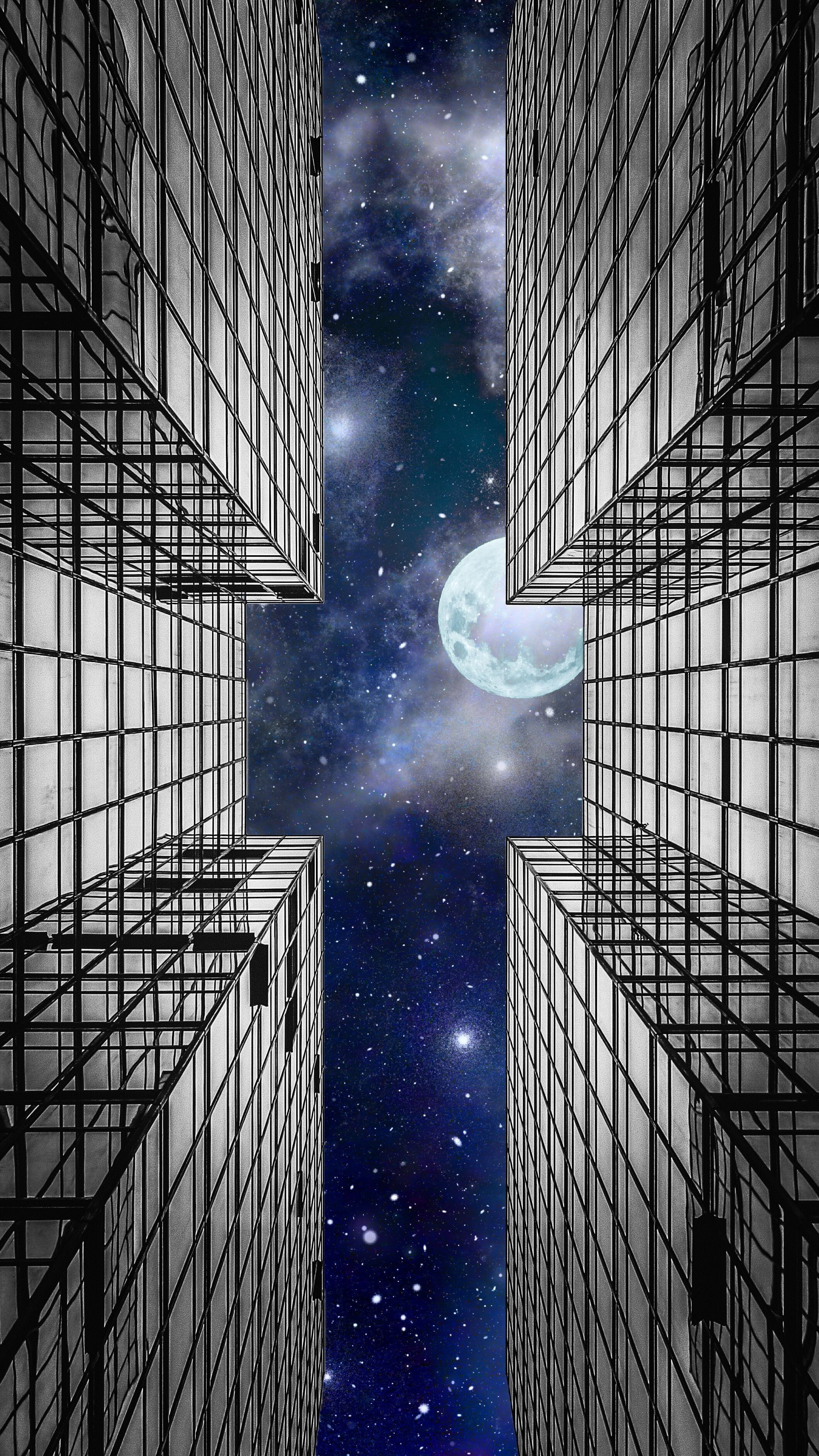 skyscraper, outdoors, movie, night, 2K, office building exterior, night sky, directly below, comics, city, window, background, no people, scene, architecture, Phone HD Wallpaper