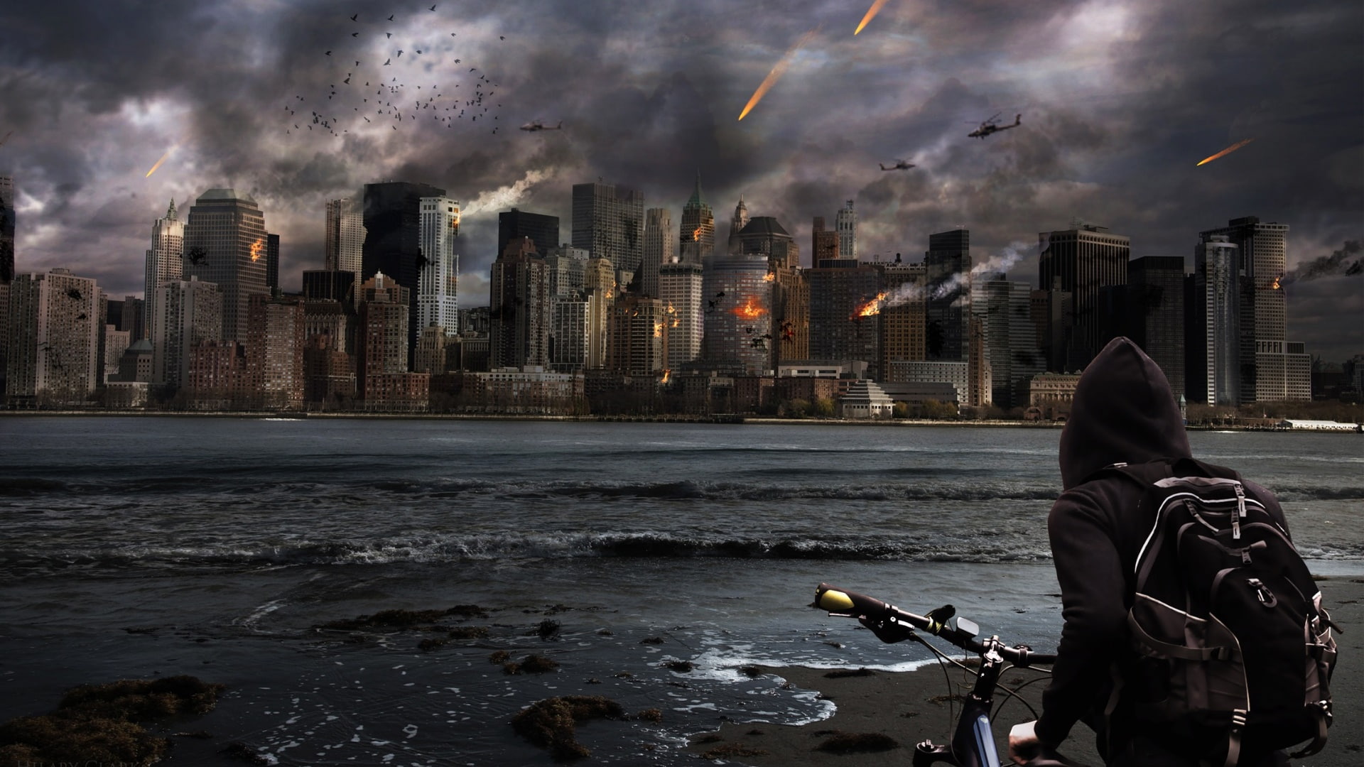 skyline, smoke, cityscape, city, darkness, survive, metropolis, downtown, 1080P, disaster, armageddon, attack, catastrophe, skyscraper, impact, HD Wallpaper