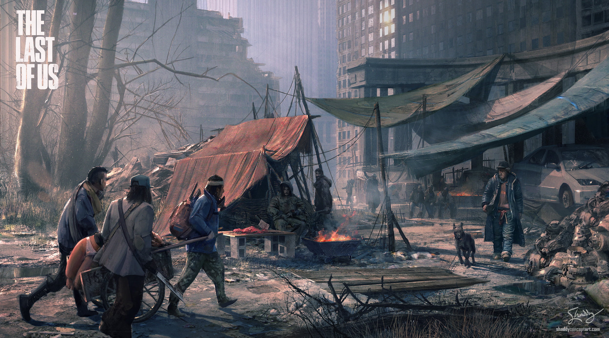 building exterior, outdoors, cover, real people, flame, group, built structure, group of people, nature, tree, building, city, the last of us, walking, HD Wallpaper