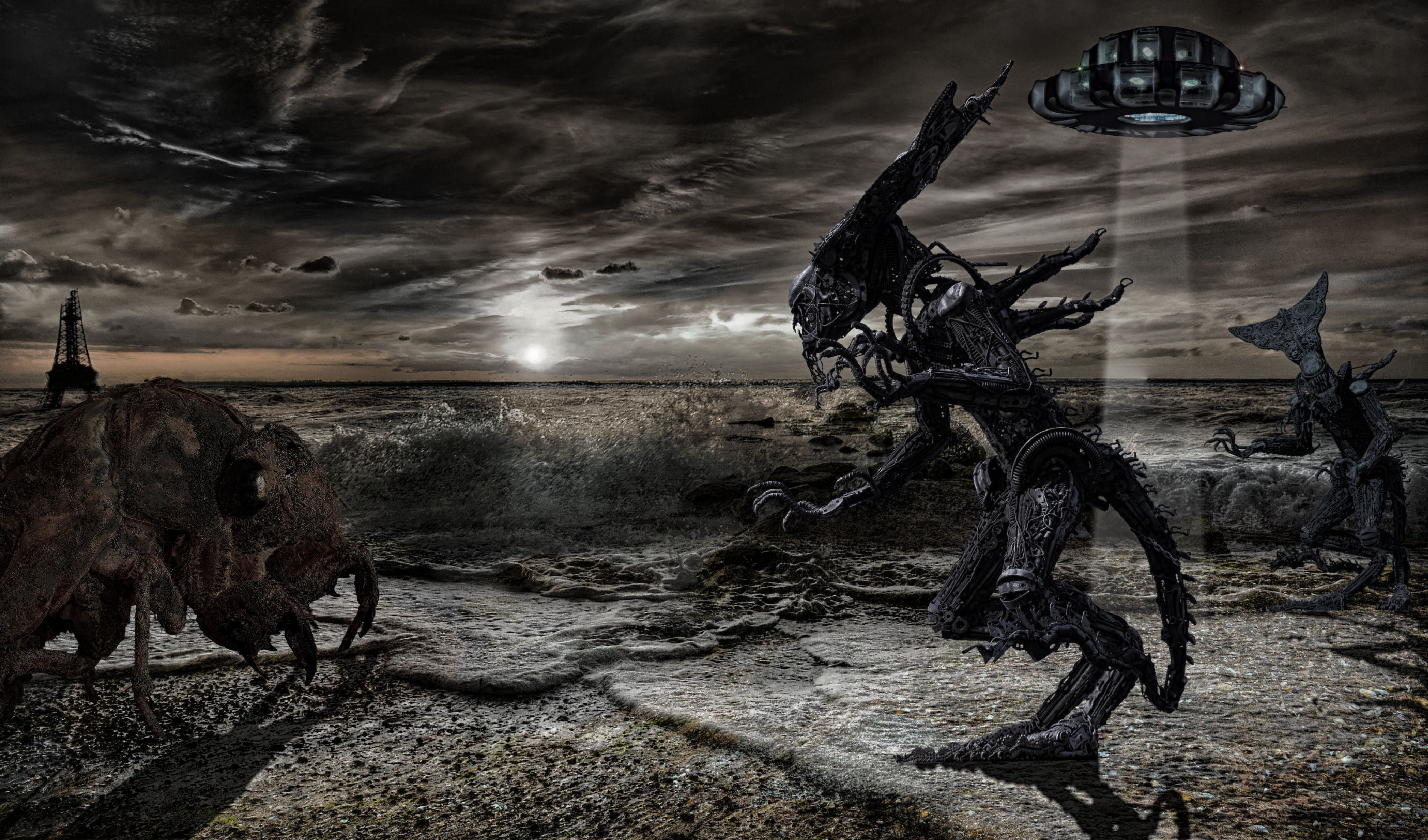 storm, digital composite, doomsday, setting, robot, storm cloud, monster, war, adult, tree, invasion, alie, army soldier, science fiction, plant, sky, sci fi, HD Wallpaper