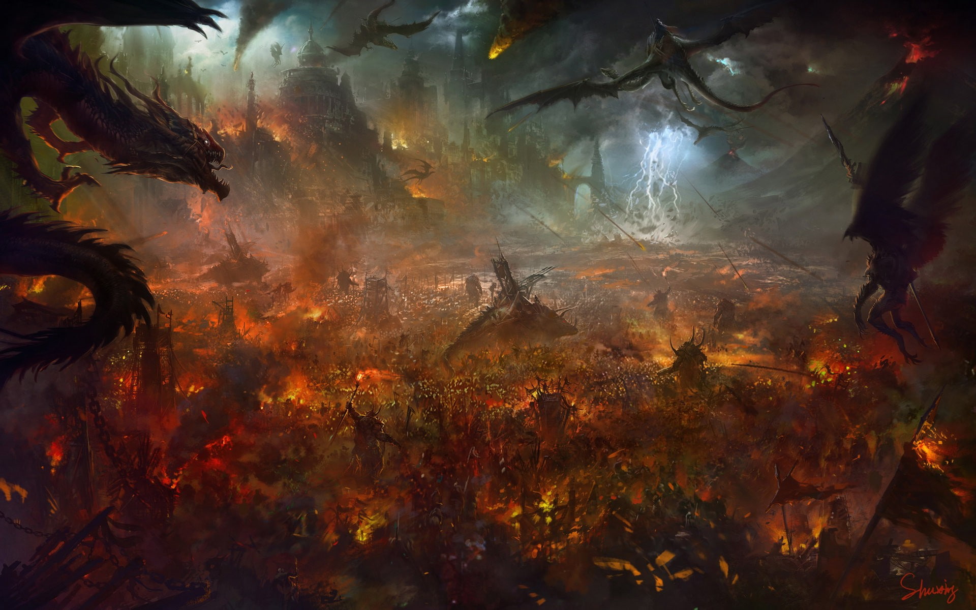 destruction, castle, Thunderbolt, burning, 1080P, artwork, fire, war, dragon, siege, HD Wallpaper