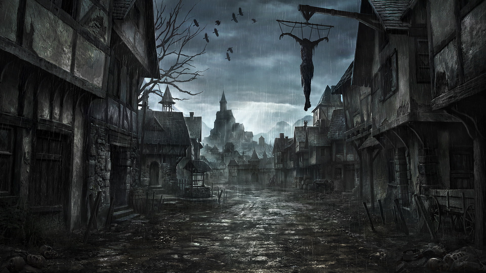 middle ages, creepy, digital art, scary, spooky, buildings, cities, paintings, architecture, 1080P, dark, horror, jonasdero deviantart com, jonasdero, HD Wallpaper
