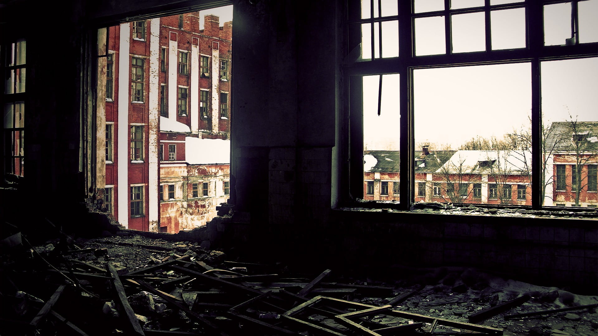 city, building exterior, obsolete, deterioration, built structure, house, grey, damaged, ruin, window frame, wooden, 1080P, transparent, ruined, window, HD Wallpaper