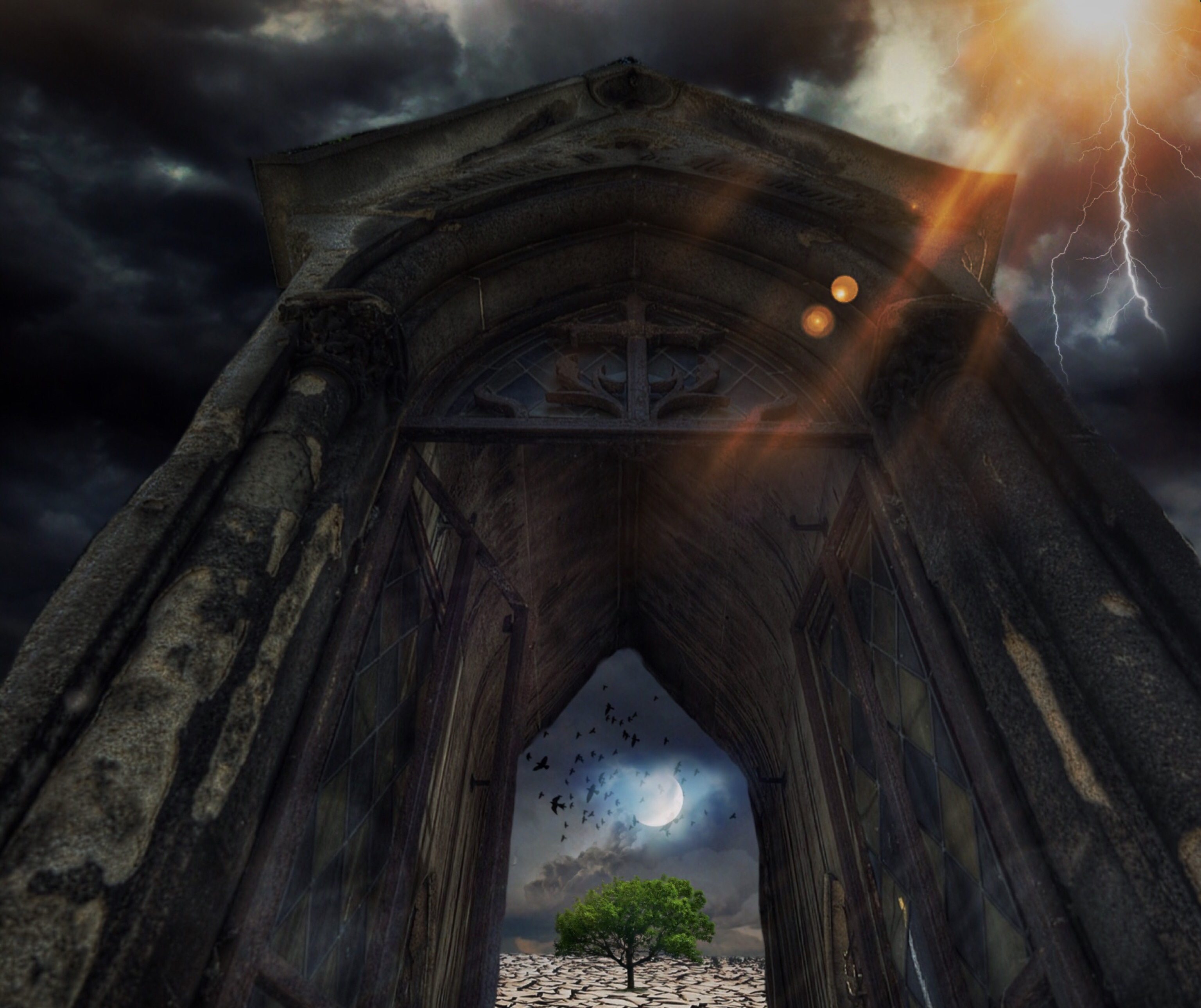 sun, bridge - man made structure, forward, light, architecture, built structure, nightmare, history, branches, log, thunderstorm, building, cloud - sky, HD Wallpaper