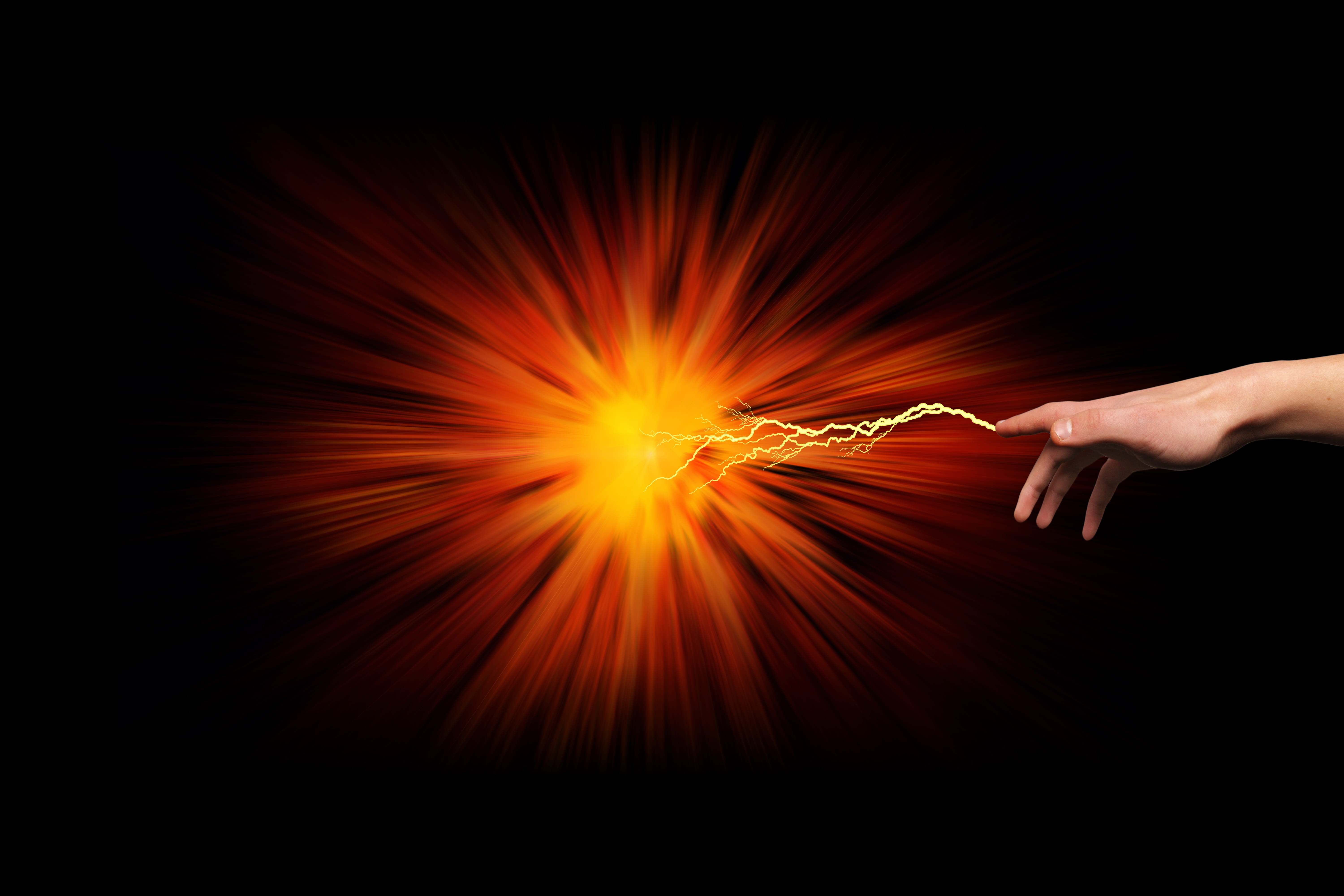 pop, 5K, bumm, human finger, brand, genesis, fireball, black color, initial ignition, one person, sparks, end time, creativity, flame, devastation, black background, HD Wallpaper