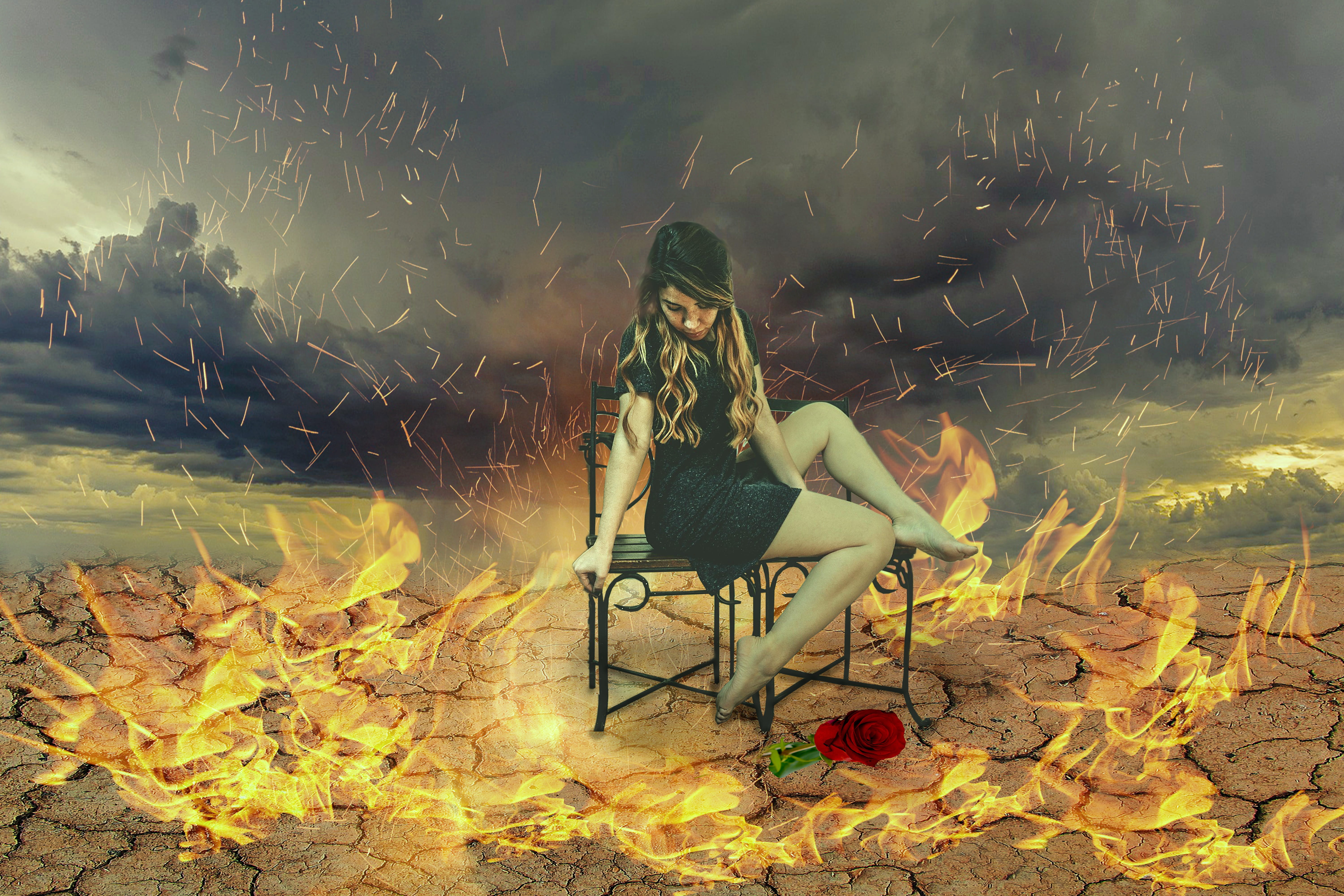 fantasy picture, young women, contemplation, surrounded, one person, autumn, full length, nature, sky, burn, fire, lifestyles, black, hairstyle, rose on the ground, HD Wallpaper