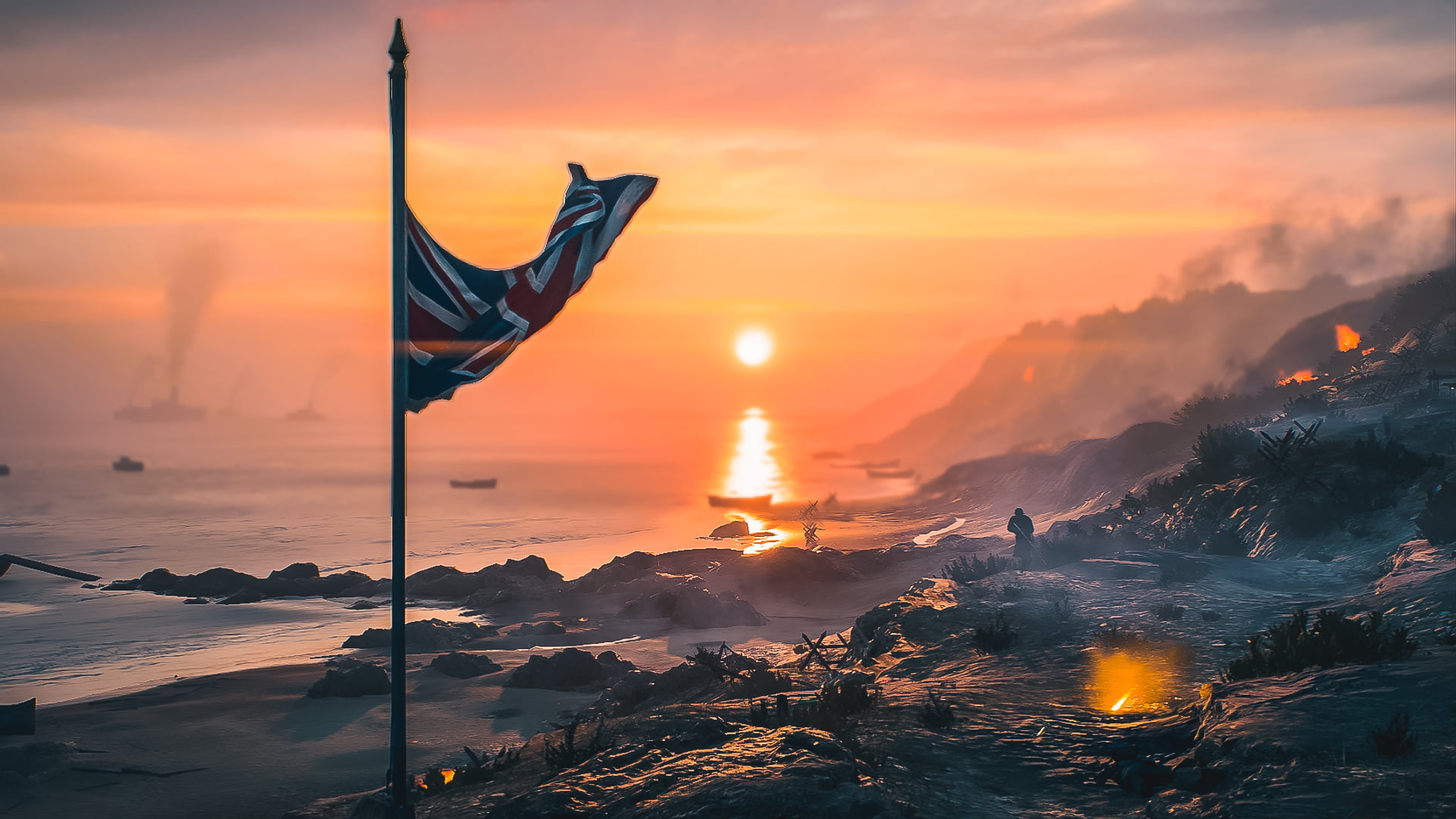 tranquil scene, patriotism, 1080P, illuminated, scenics - nature, tranquility, cloud - sky, sky, non-urban scene, Battlefield 1, no people, sunset, winter, HD Wallpaper