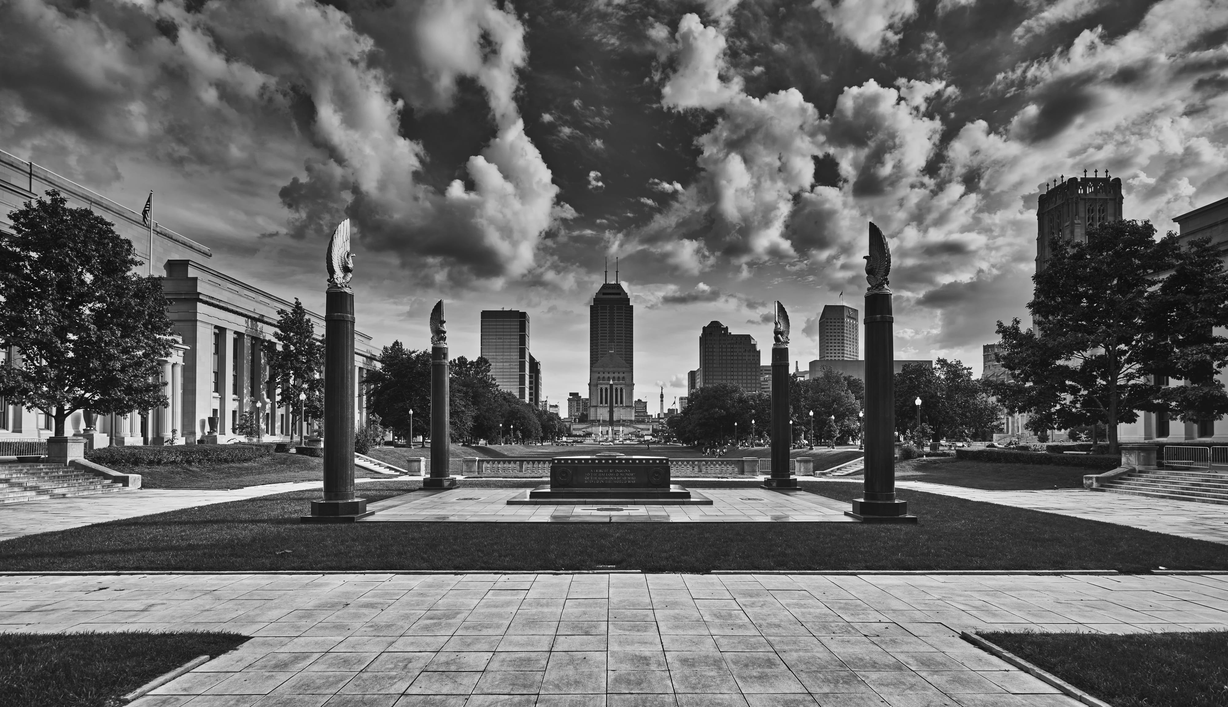 tower, office building exterior, building, historic, travel destinations, sunset, day, buildings, skyline, sky, silhouettes, architecture, indiana, world war i memorial, HD Wallpaper