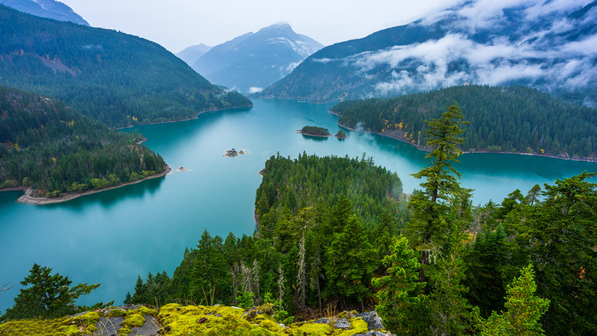 trees, fume, usa, lake, desktop, water, beautiful, blue, turquoise, state, forest, pine, 1080P, mist, diablo, green, mountains, hd, washington, HD Wallpaper