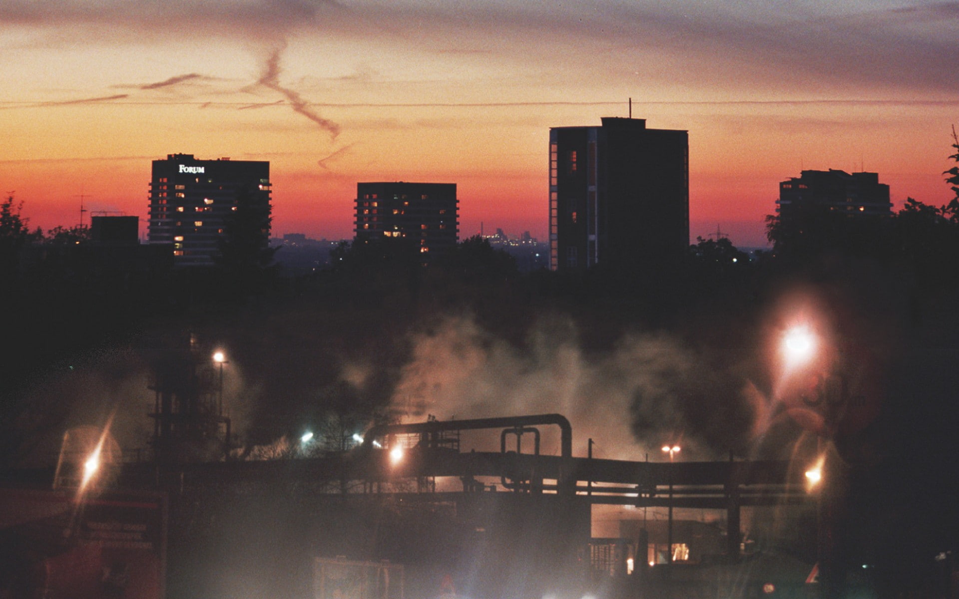 smoke, cloud - sky, sunset, sky, cityscape, no people, building, smoke - physical structure, office building exterior, factory, architecture, city, building exterior, HD Wallpaper