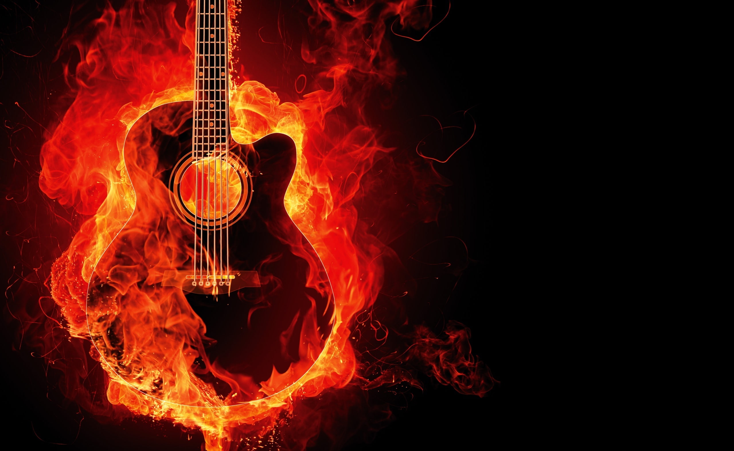 black, orange color, no people, Guitar, flame, acoustic, heat - temperature, Fire, close-up, Elements, abstract, red, nature, indoors, fire - natural phenomenon, HD Wallpaper