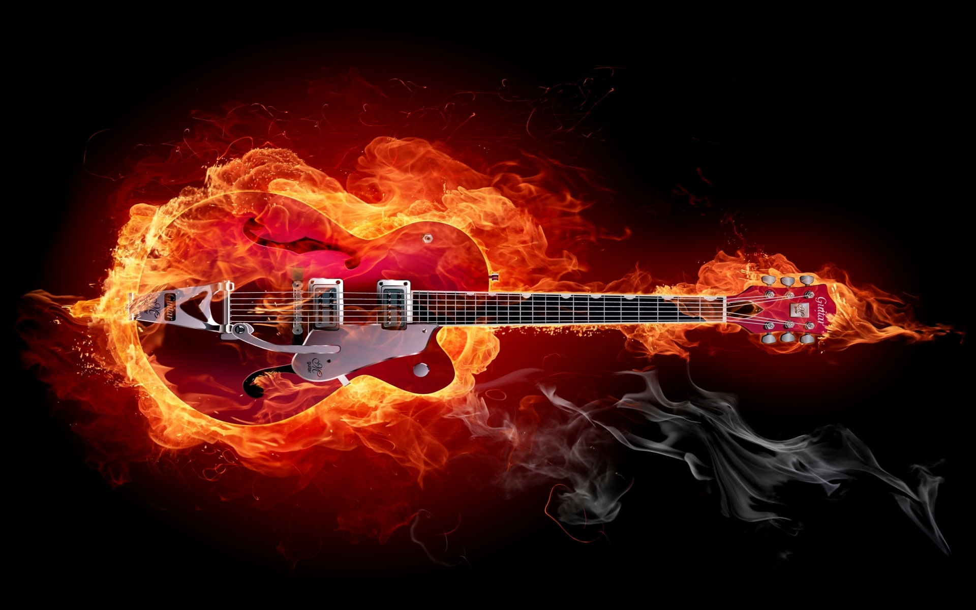 motion, heat - temperature, flame, Others, no people, night, orange color, smoke, guitar, musical instrument, arts culture and entertainment, event, 1080P, HD Wallpaper