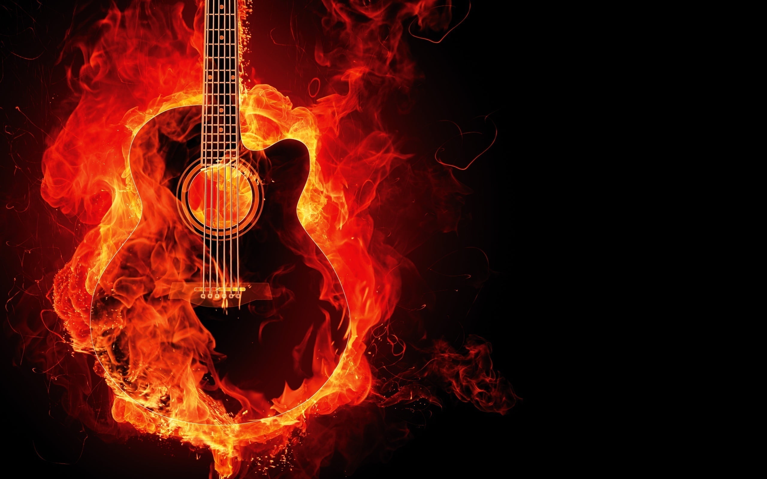 Guitar, black Color, backgrounds, illustration, event, studio shot, heat - Temperature, indoors, copy space, fire, single Object, black background, no people, HD Wallpaper