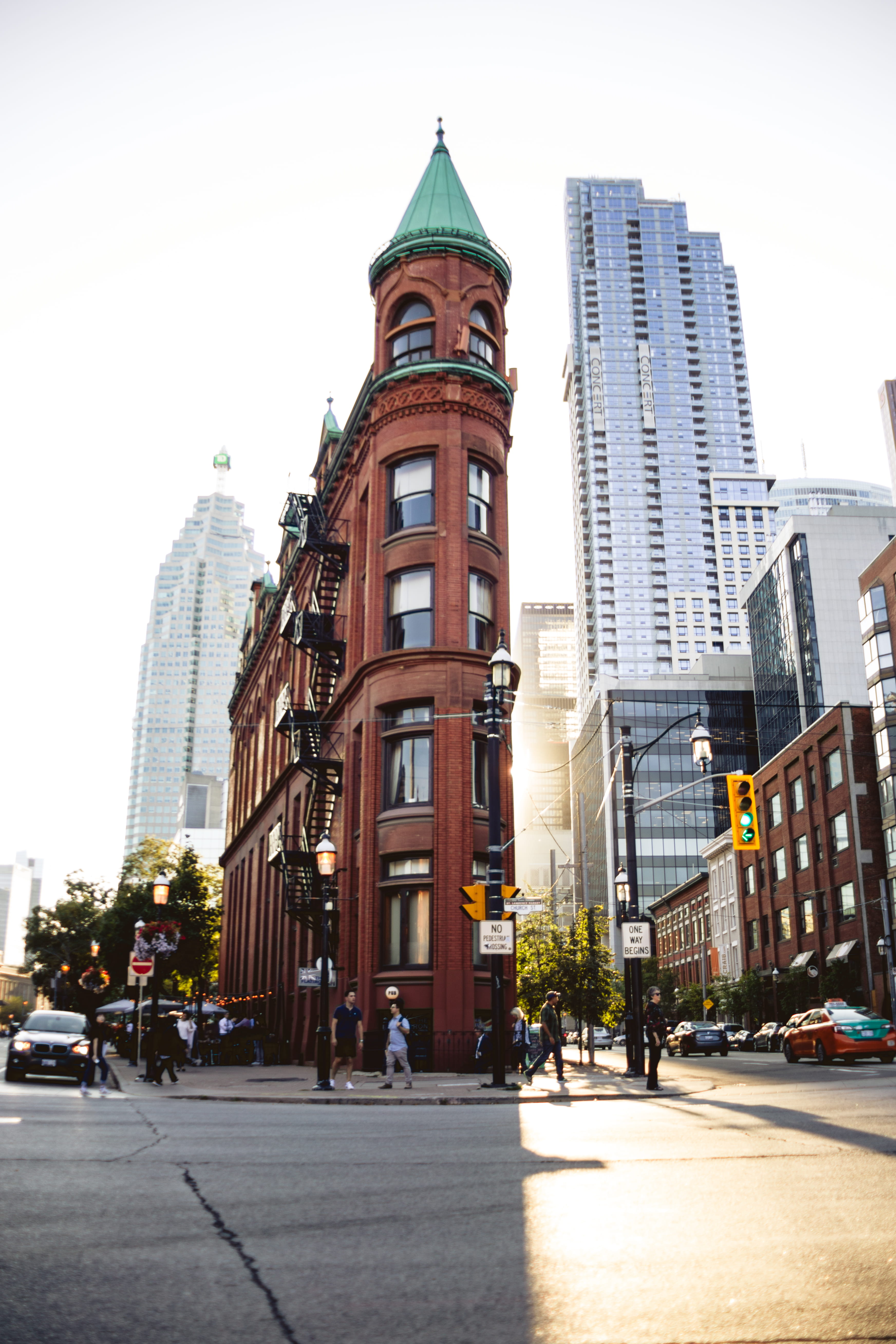 tower, city life, flatiron building, group of people, city, sky, canada, day, skyscraper, spire, modern, gooderham building, motor vehicle, building, car, Phone HD Wallpaper