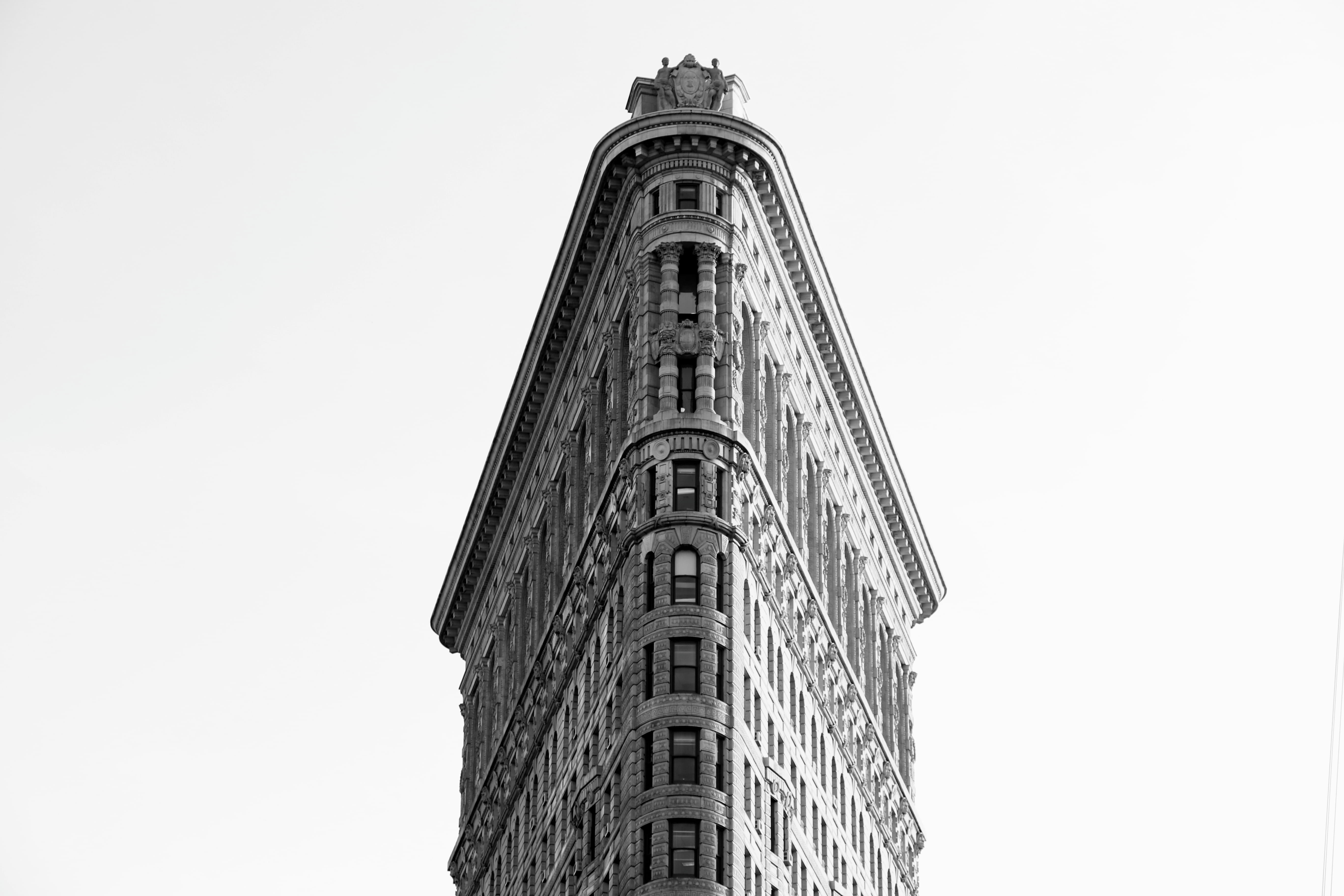 religion, grayscale, urban, high rise building, city, built Structure, day, york, flatiron, new, place of worship, low angle, sky, white sky, nature, building, HD Wallpaper