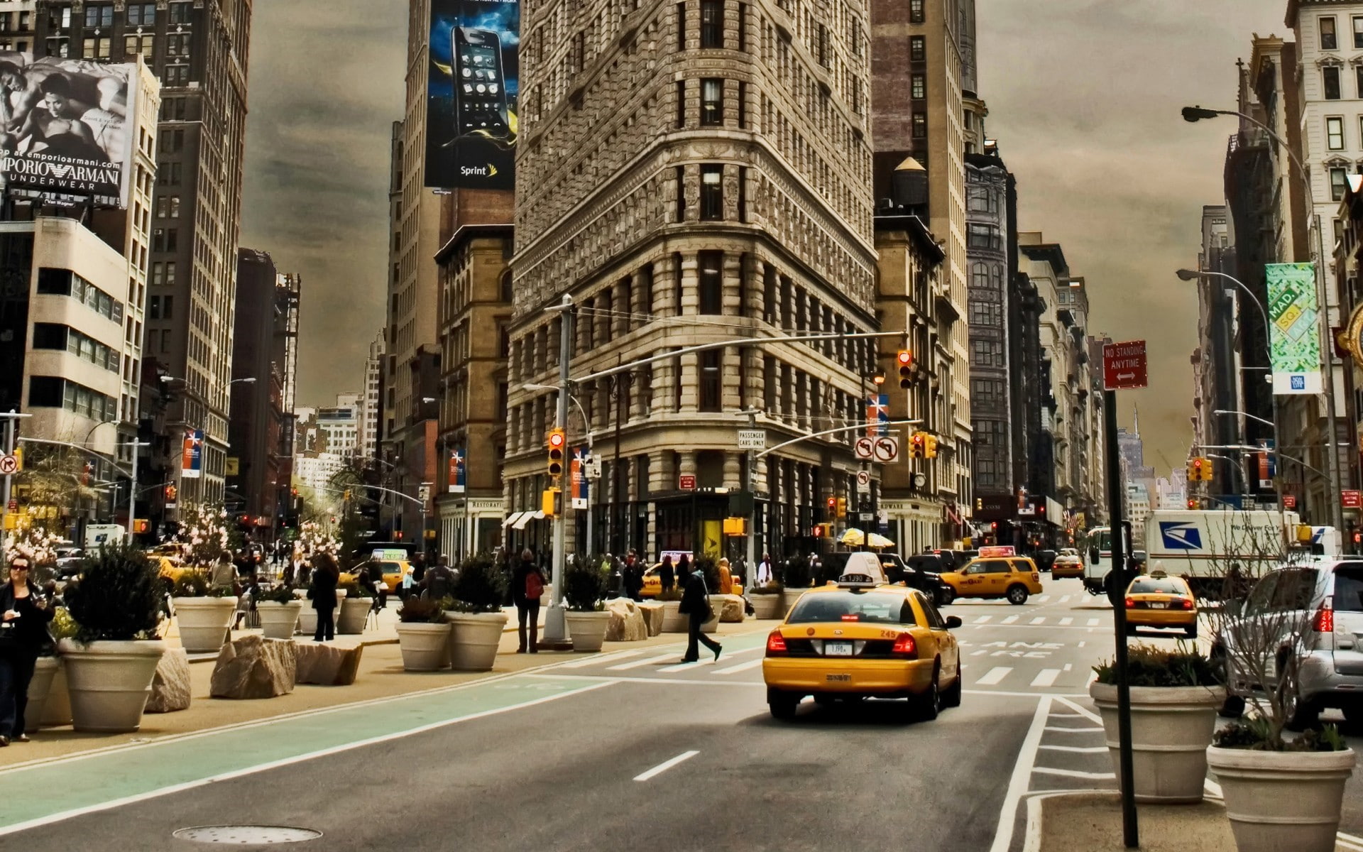 1080P, city cityscape architecture road building skyscraper clouds new york city taxi car street usa manhattan flatiron building people billboards traffic, HD Wallpaper